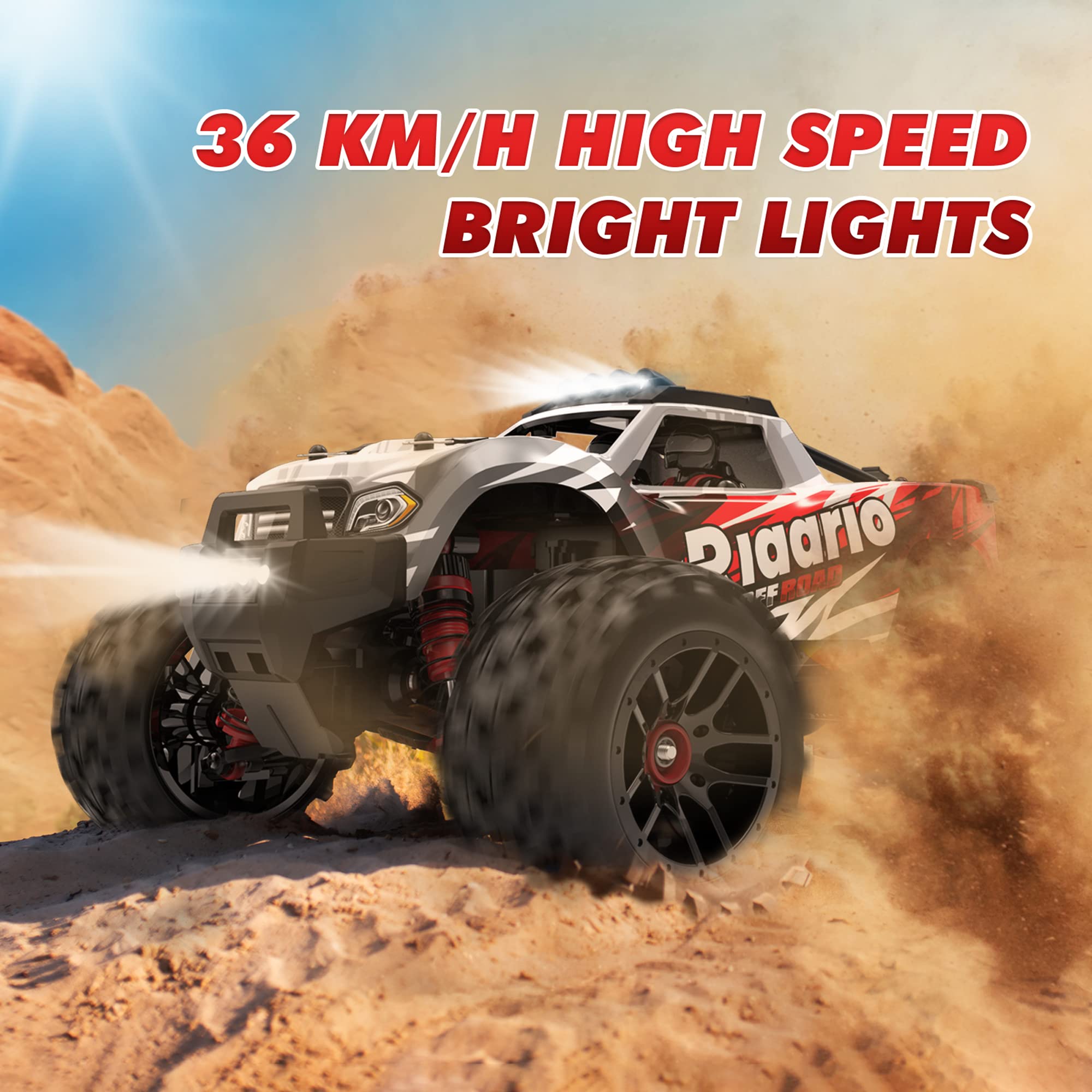 RIAARIO 1:18 All Terrain RC Car, 36 KPH High Speed Remote Control Car with 2.4 GHz Remote Control, 4WD Electric Vehicle Off-Road Truck, 4X4 Waterproof RC Trucks with 2 Rechargeable Batteries