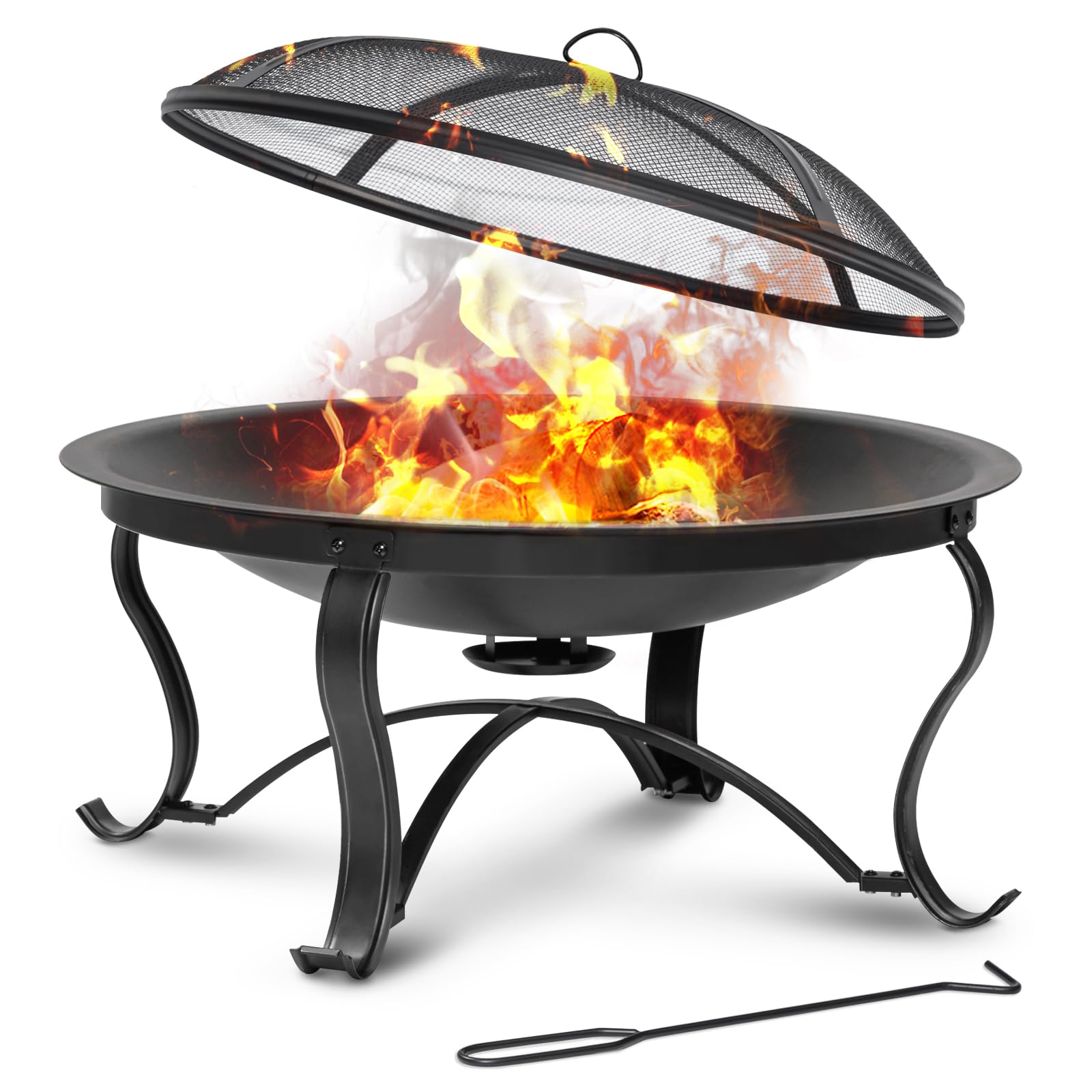 Fire Pit for Outside 30 inch Firepit Outdoor Wood Burning Bonfire Pit Steel Portable Firepits Bowl for Patio Backyard Camping,with Ash Plate,Spark Screen,Log Grate,Poker, Bronze