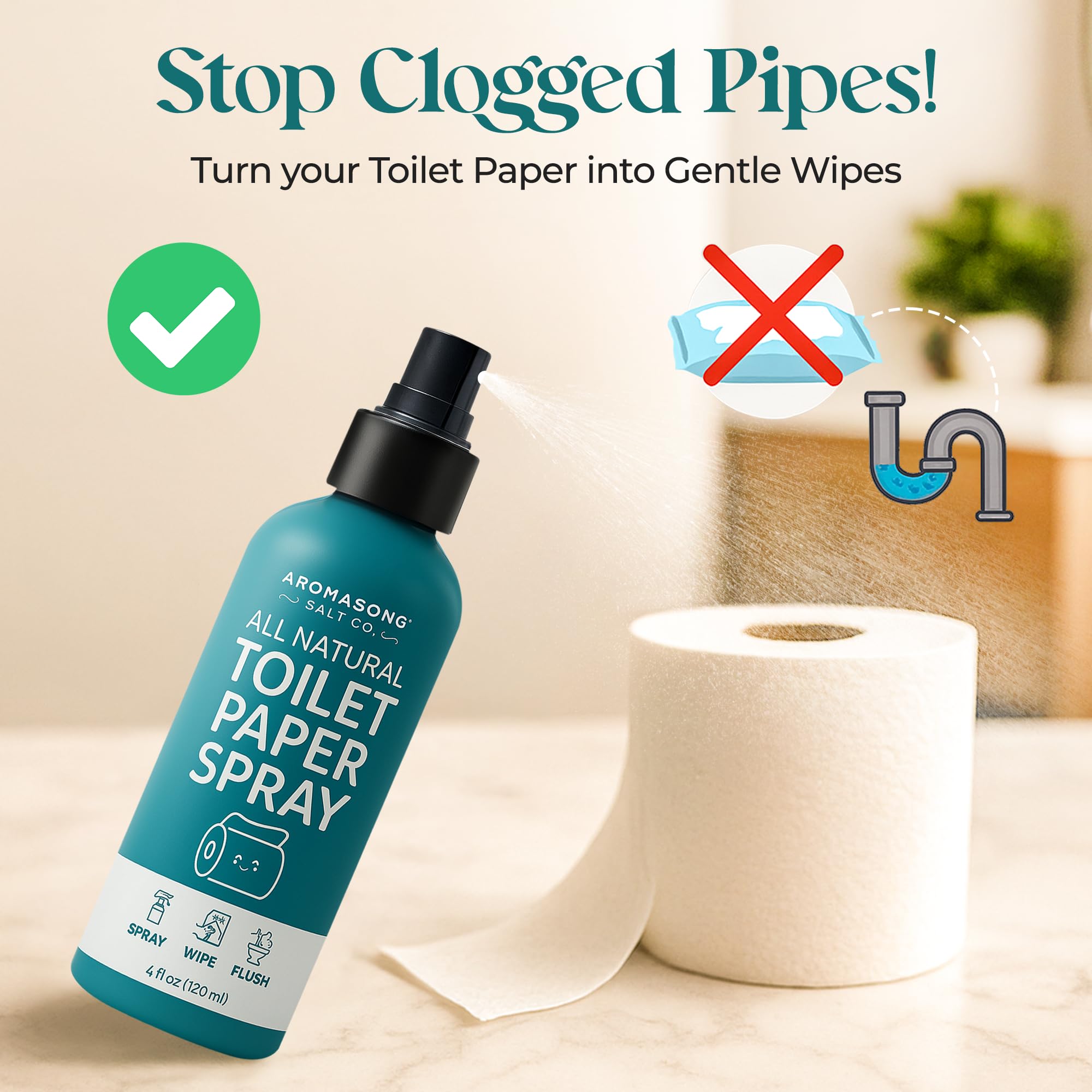 Aromasong 100% Natural Toilet Paper Spray for wiping – Flushable Wet Wipe Alternative - Toilet Paper Moistener for Personal Cleansing - Septic Safe, 4 fl oz