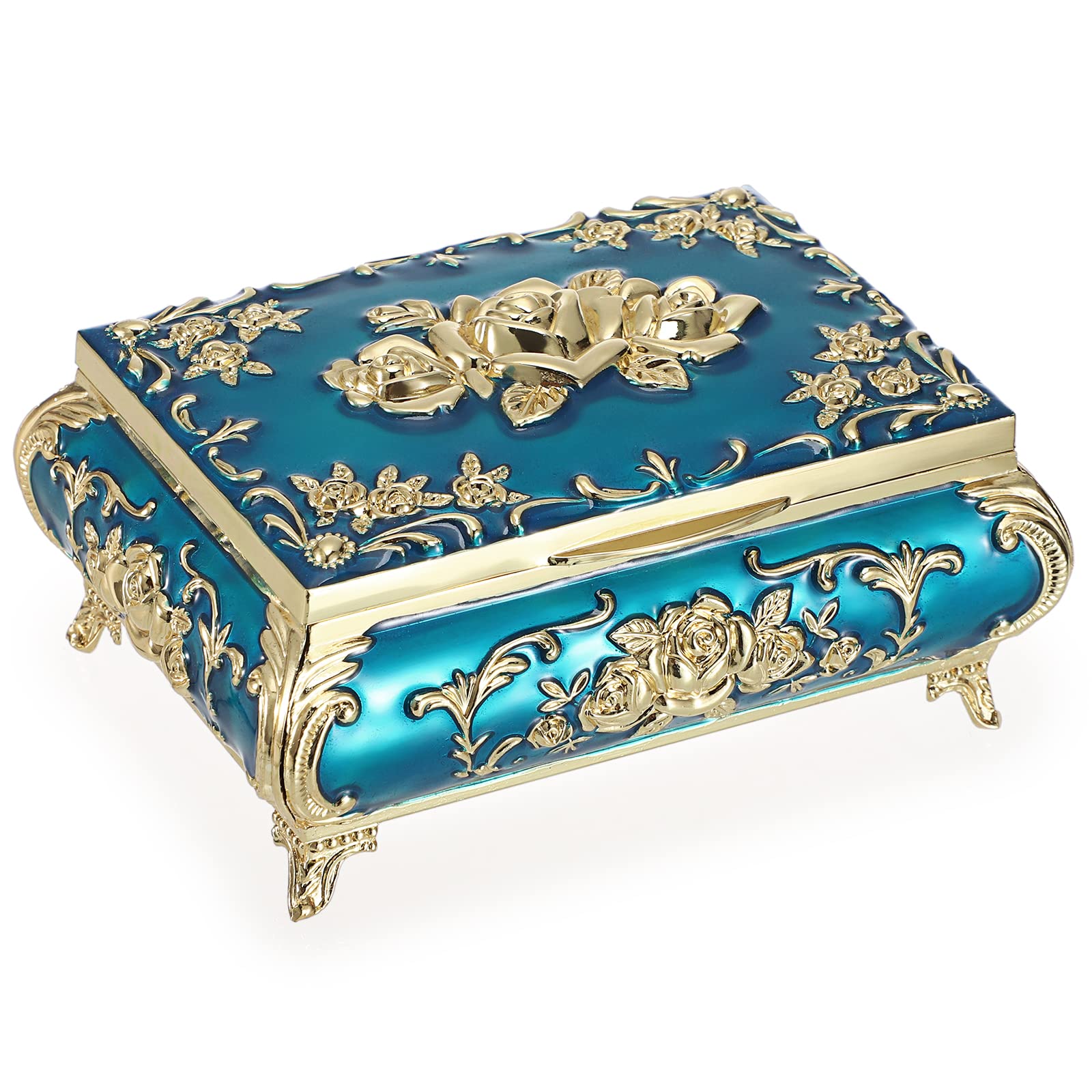 Hipiwe Metal Decorative Jewelry Box Vintage Treasure Chest Case Ornate Trinket Organizer Earrings Necklace Bracelet Storage Box Ring Holder Keepsake Box for Women Girls