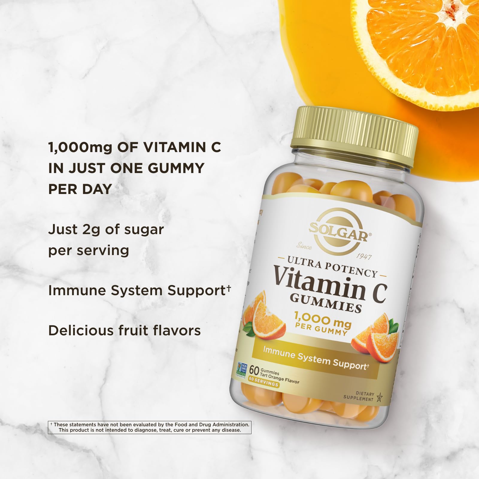 Solgar Vitamin C Gummies for Adults 1,000mg Ultra Potency Vitamin C Immune System Support for Women & Men - Tasty Tart Orange Flavor, Vegan & Gluten Free Gummy, 2 Month Supply, 60 Servings, 2g Sugar