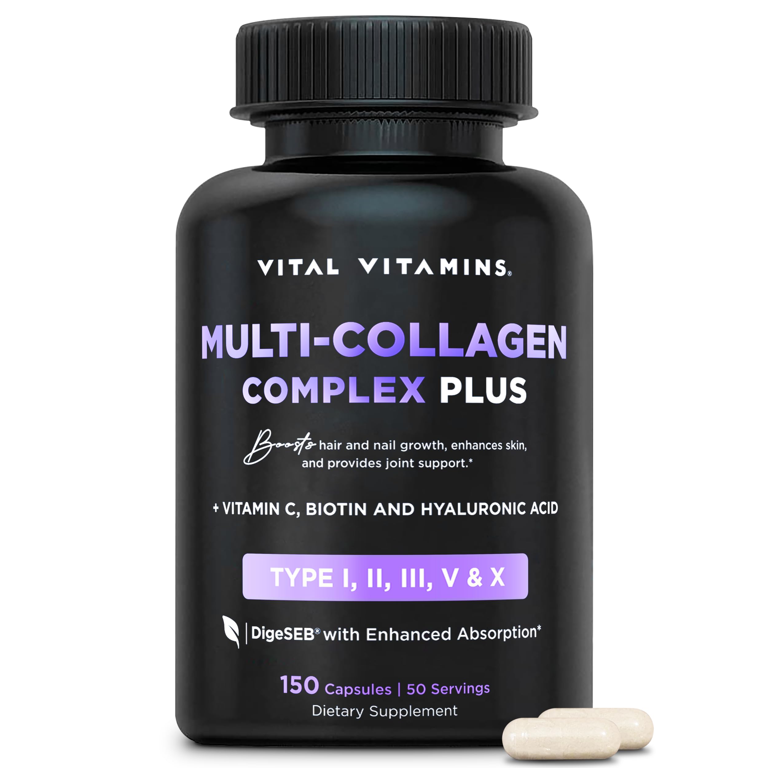 Vital Vitamins Multi Collagen Plus - Biotin, Hyaluronic Acid, Vitamin C - Multi Collagen Complex for Women & Men - Hair Growth Support Supplement - Skin, Nails Beauty Complex - 150 Pills