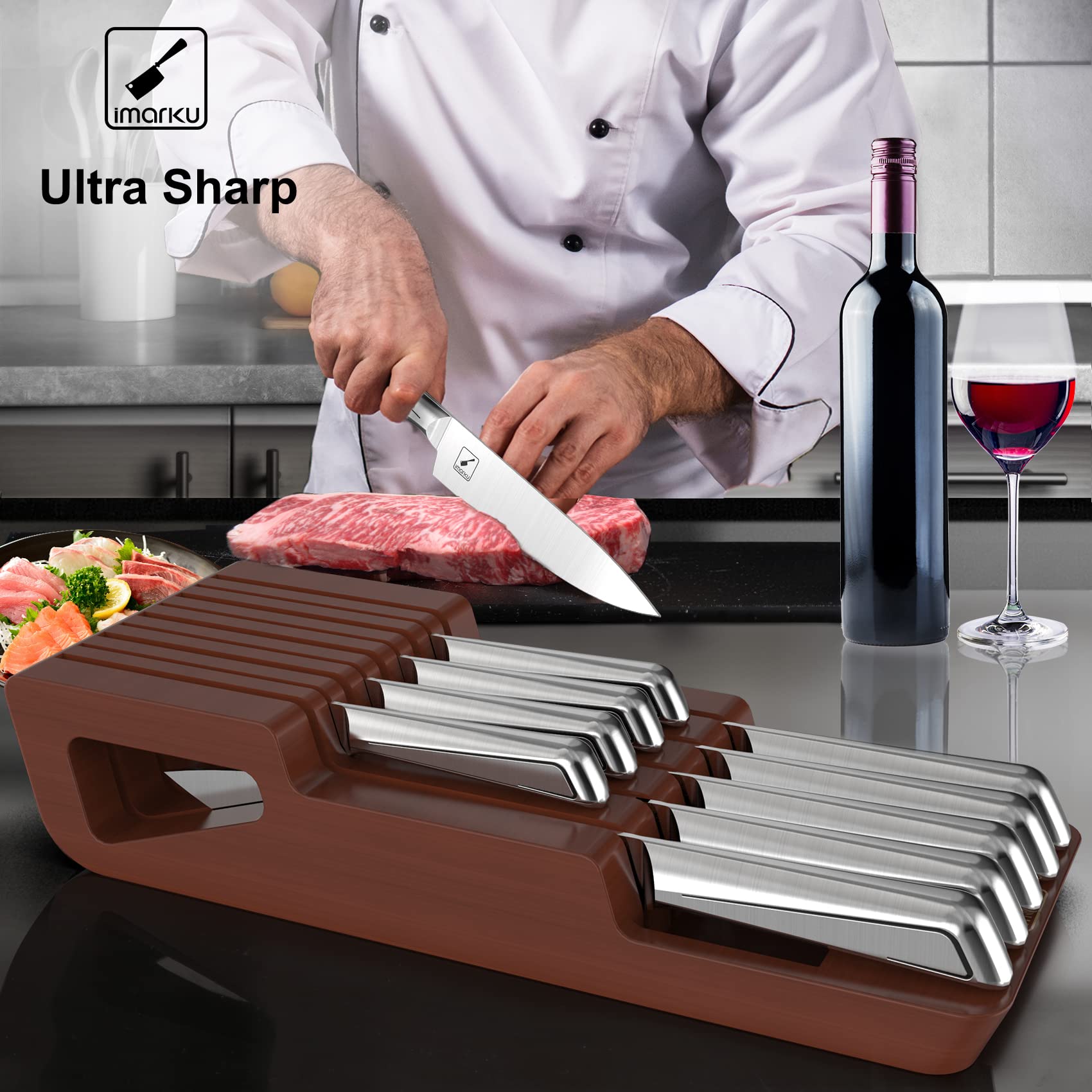 imarku Knife Set, 10 PCS Japanese Stainless Steel Knife Block Set, Kitchen Knife Set with Wooden Drawer Organizer, Drawer Knife Set,Dishwasher Safe, Ultra Sharp Chef Knife Set, Gifts for Women Men