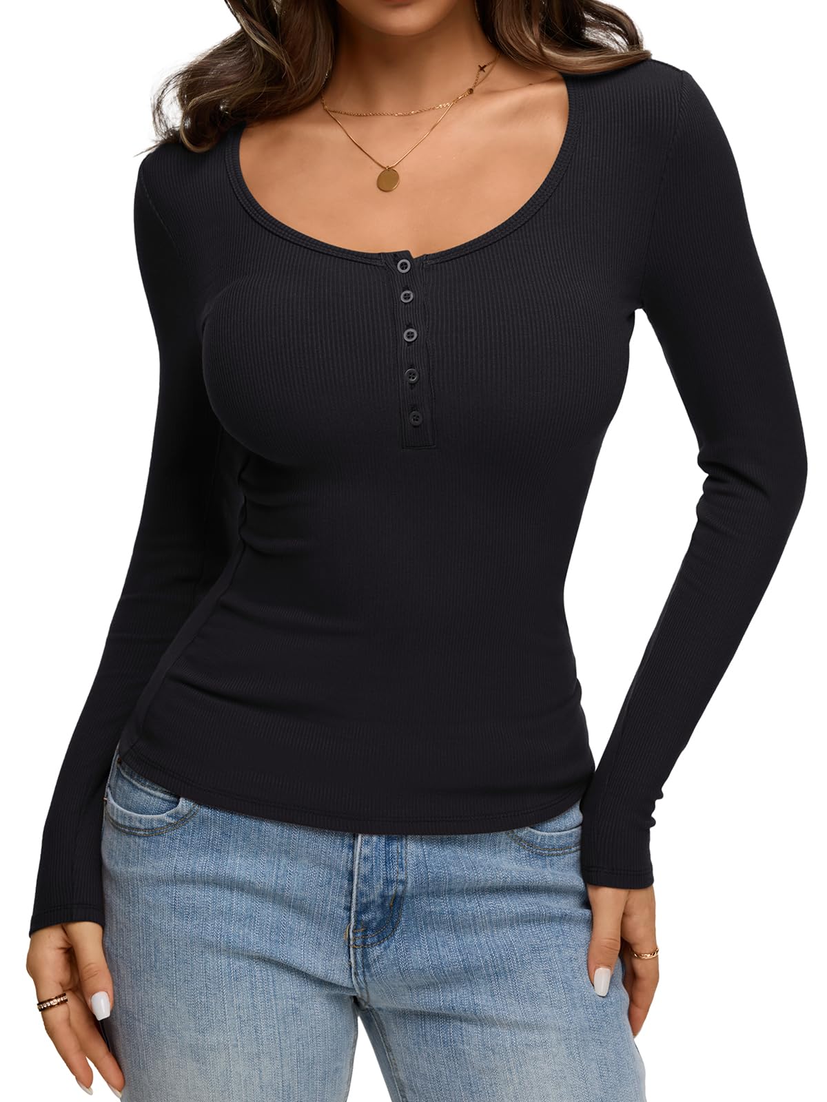 REORIA Women's 2025 Fall Long Sleeve Henley T Shirts Button Ribbed Knit Slim Fit Casual Basic Tops Blouse Black Medium