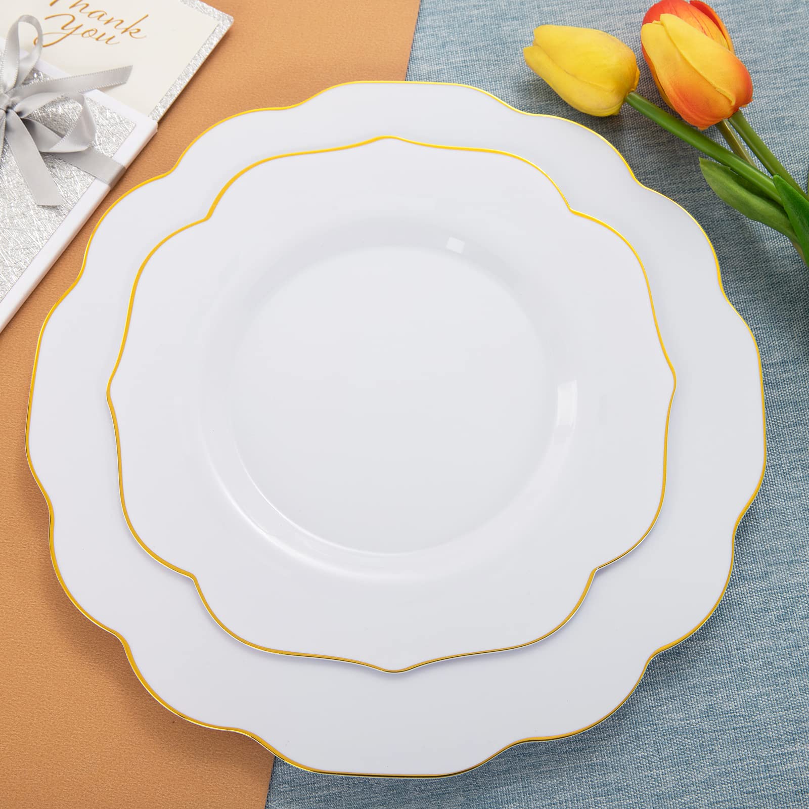 NOCCUR 120PCS Gold Plastic Plates Disposable for 60 Guests - Include 60 Dinner / 60 Dessert Plates Heavy Duty for Wedding&Party