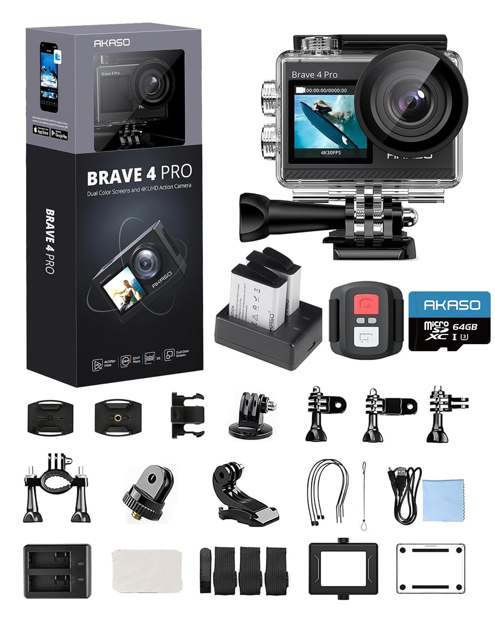 AKASO Action Camera Bundle with Brave 4 Pro 4K30fps Sports Camera, 64GB MicroSD U3 Card, Remote Control, Waterproof Case, 2x1350mAh Batteries, Charger and Other Accessories