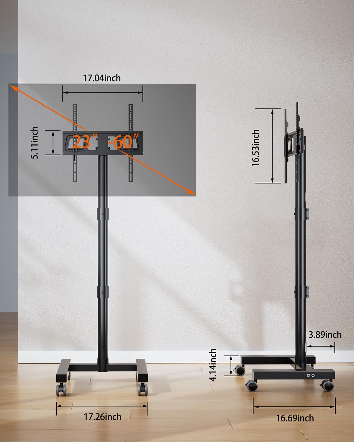 FORGING MOUNT Mobile TV Cart with Wheels for 23-60 Inch LCD LED OLED Flat Curved Screen TVs, Rolling TV Stand Height Adjustable Tilt Holds Up to 88lbs, Portable Floor Stand Max VESA 400x400mm