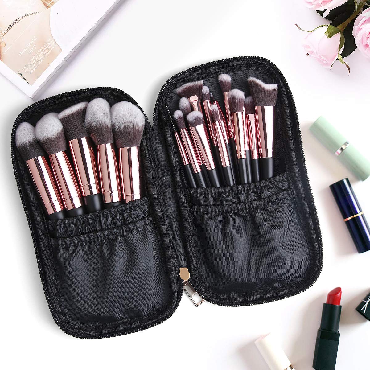 Makeup Brushes, 18 Pcs Professional Premium Synthetic Makeup Brush Set with Case, Foundation Kabuki Eye Travel Make up Brushes sets (Black Gold)