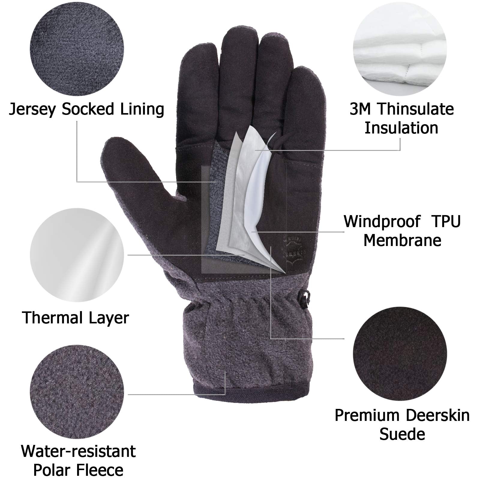 SKYDEER Winter Gloves with Soft Deerskin Suede Leather for Men and Women Cold Weather (SD8662T/L, Warm 3M Thinsulate Insulation)