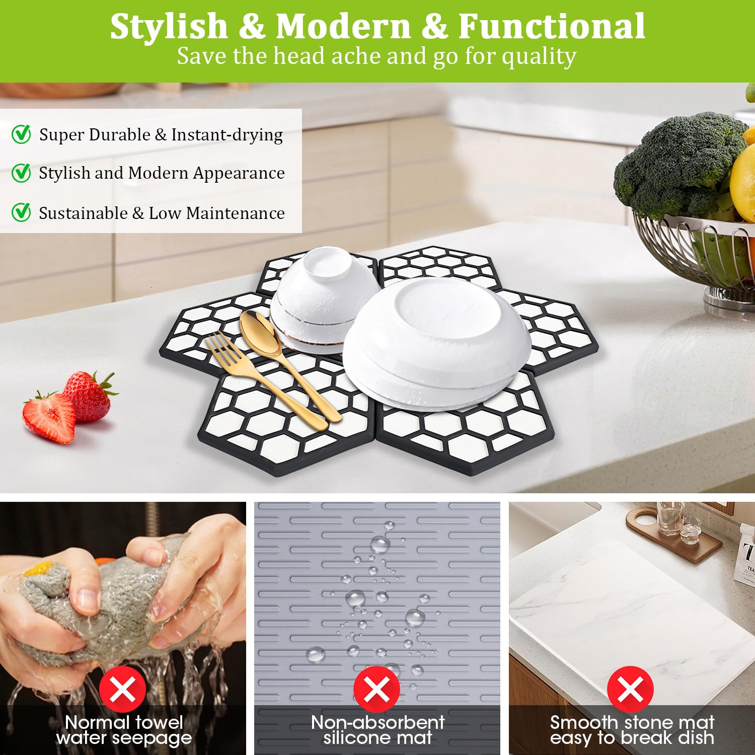 Stone Drying Mat for Kitchen Counter,Instant Dry Diatomaceous Earth Stone Rack Tableware Mat wit Antislip Silicone Pad,Heat Resistant,Fast Dry,Super Absorbent Multi-Purpose Stone Dish Drying Mat Tray