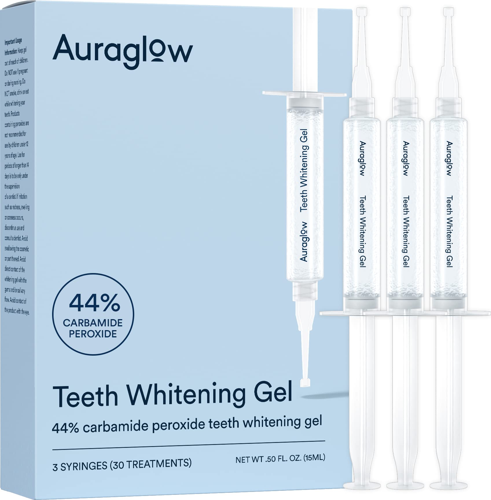 Auraglow 44% Teeth Whitening Gel Syringe Refill Pack, 44% Carbamide Peroxide, (3X) 5ml Syringes, 30 Whitening Treatments