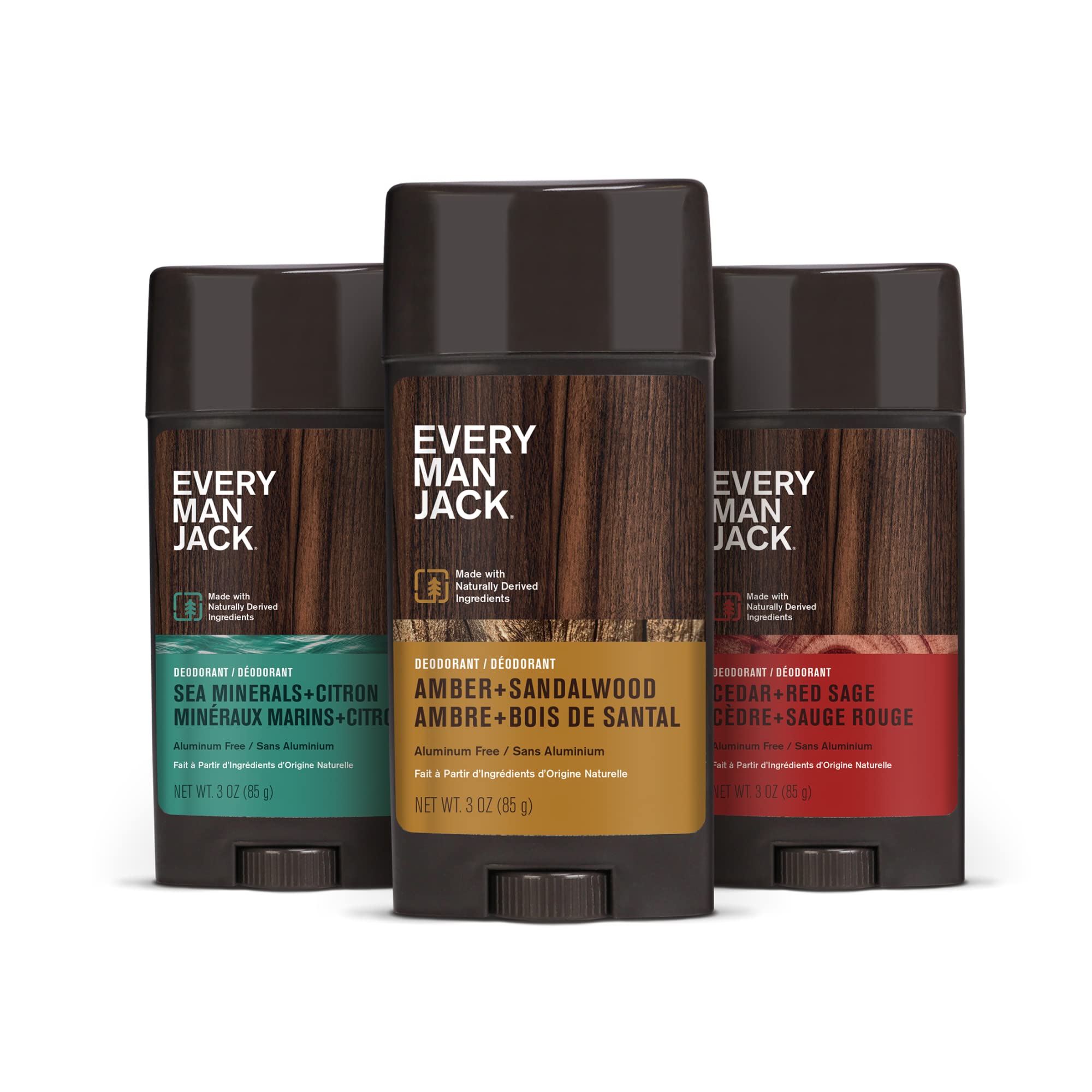 Every Man Jack Men's Deodorant Variety Set - Includes 3 Full-Sized Deodorant Sticks with Clean Ingredients & Incredible Scents - Cedar + Red Sage, Amber + Sandalwood, Sea Mineral + Citron Fragrances (3 Pack)