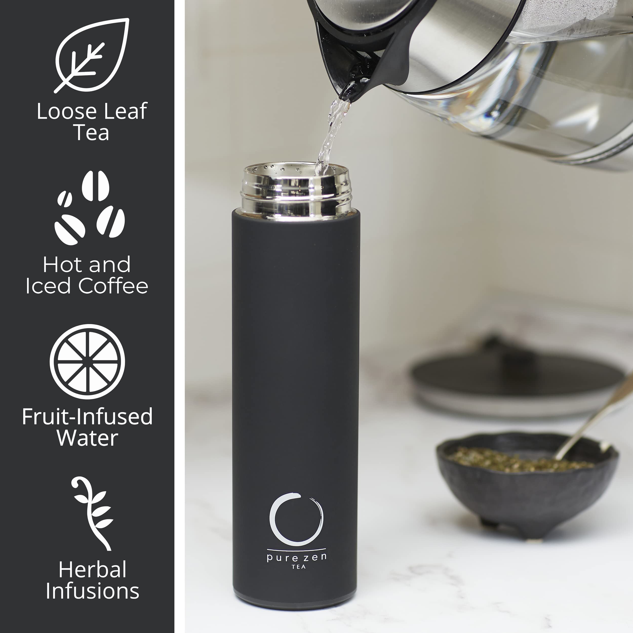 Pure Zen Tea Thermos with Infuser for Tea, Coffee and Fruit-Infused Water - Stainless Steel - Tea Infuser Bottle - Tea Tumbler with Infuser - Leakproof Tea Bottle - Travel Tea Mug - 15oz - Black