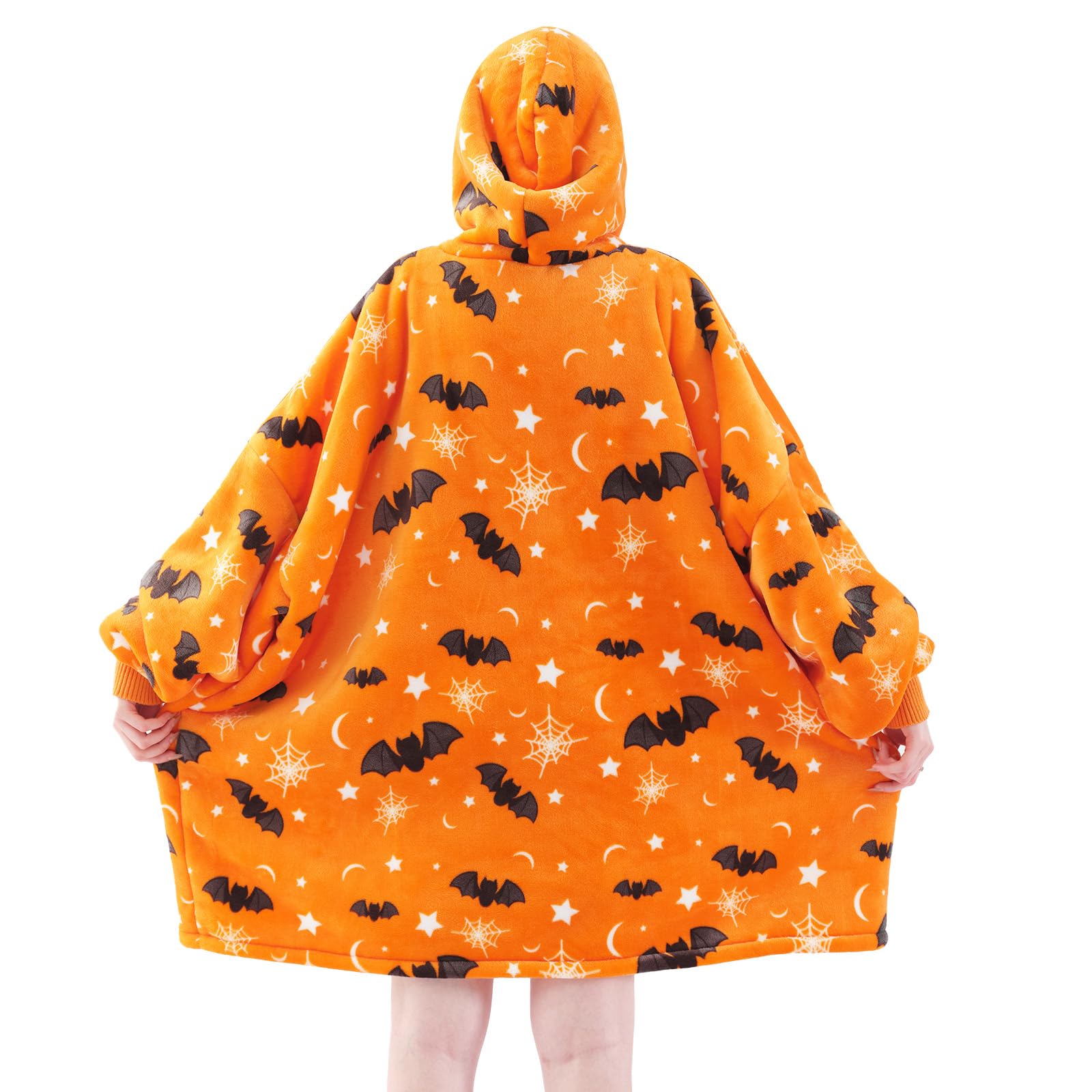 Touchat Halloween Wearable Blanket Hoodie, Orange Bat Costume Oversized Sherpa Fleece Sweatshirt Blanket with Giant Hood Pocket and Sleeves for Adult, Warm & Cozy Grey Blanket Gifts for Women