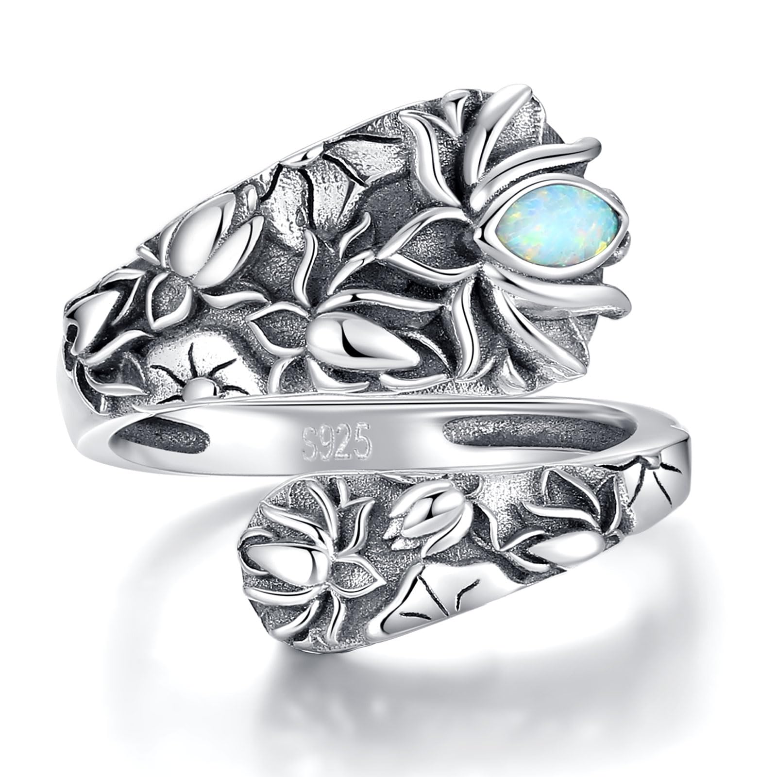 Louts Rose Sunflower Rings for Women Sterling Silver Spoon Rings Vintage Adjustable Antique Thumb Rings for Women Boho Flower Wide Opal Ring (Louts)