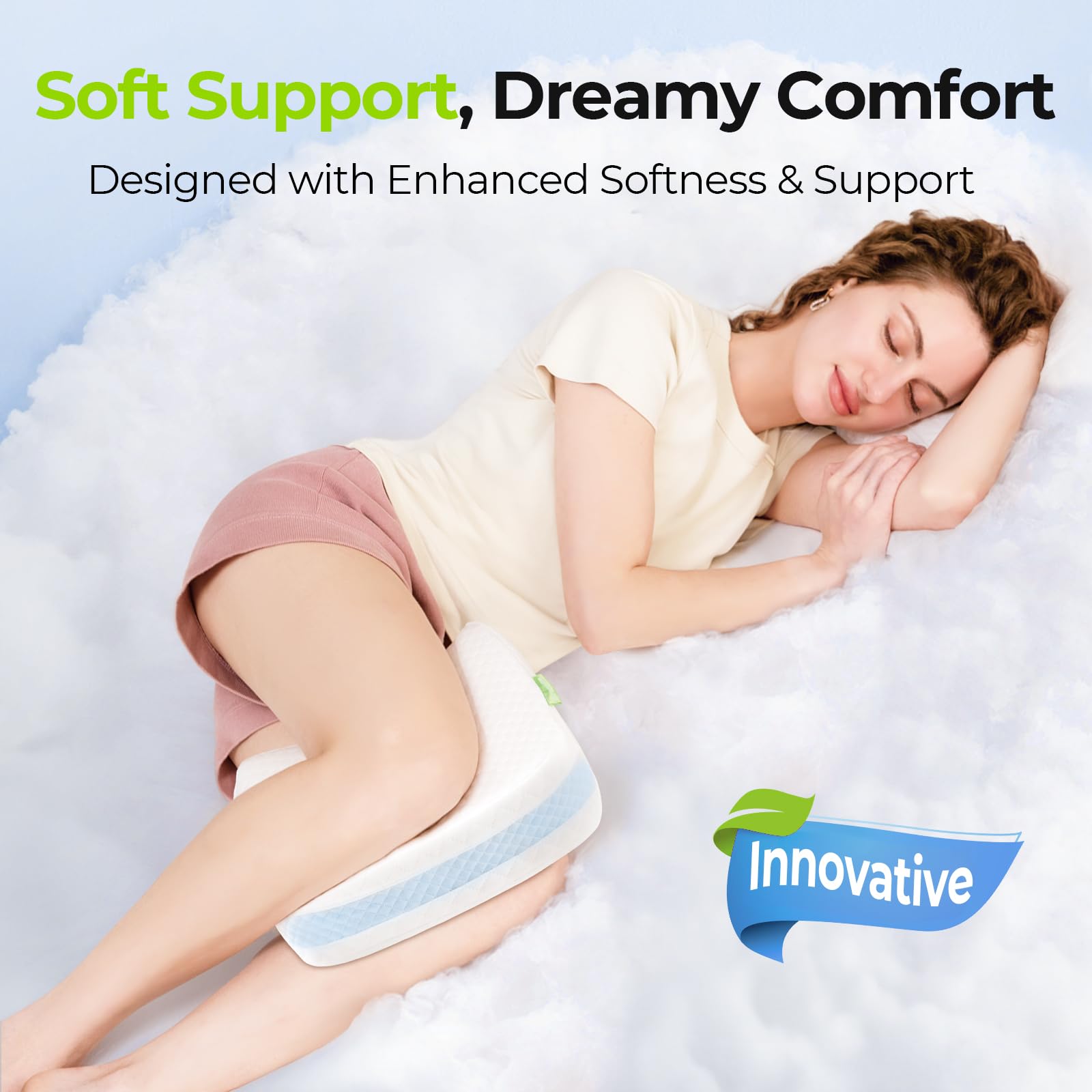 AUVON Leg & Knee Pillow for Sciatica, Back, HIPS, Joints Pain Relief, Enhanced Softness & Support Sandwhich Memory Foam Knee Pillow for Side Sleepers, Ice Silky Fabric for Sleeping Comfort