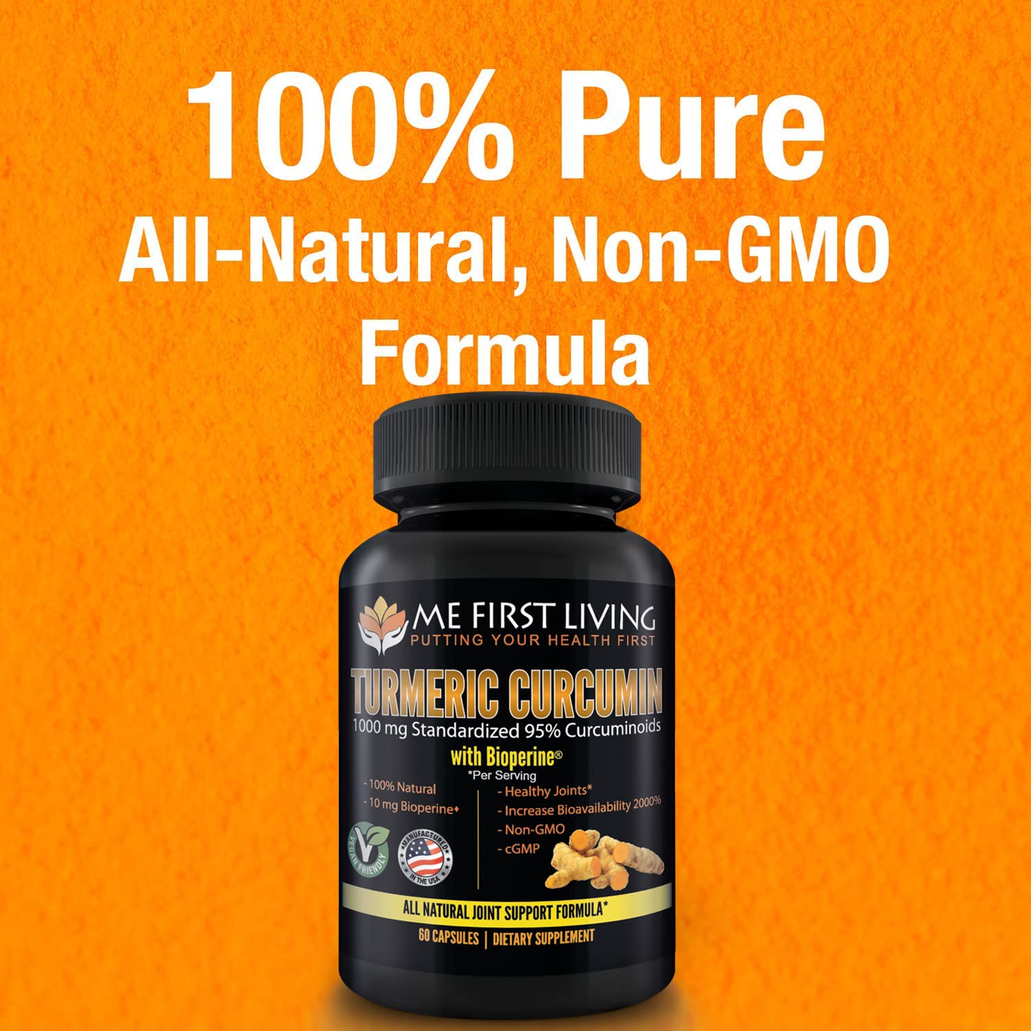Me First Living Turmeric Curcumin 1000 mg 95% Curcuminoids, Bioperine 10 mg, 19x More Potent Than Others, Increased Absorption, Non-GMO, Organic Turmeric, Vegan, Gluten Free, 60 Capsules