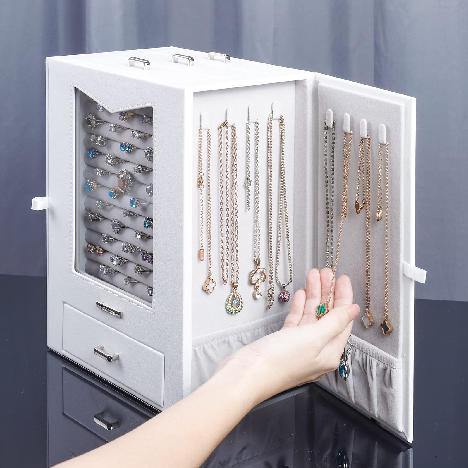 Homde Jewelry Organizer with Transparent Window Necklace Hooks Gift for Women Jewelry Box Display Case for Necklaces Rings Earrings Bracelets and Other Jewelry Accessories (White)