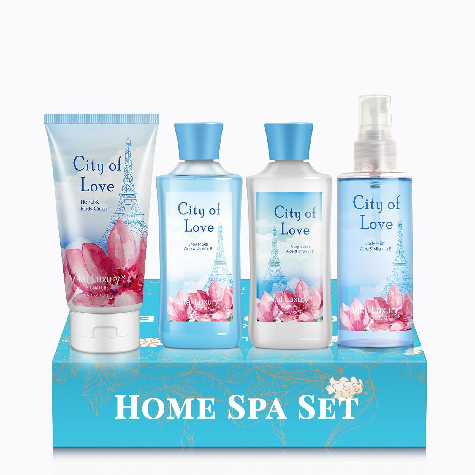 Vital Luxury Bath & Body Kit - Body Lotion, Shower Gel, Body Cream, and Fragrance Mist, 3 Fl Oz each, City of Love, Skincare Gift Home Spa Set for Birthday Christmas New Year Gifts