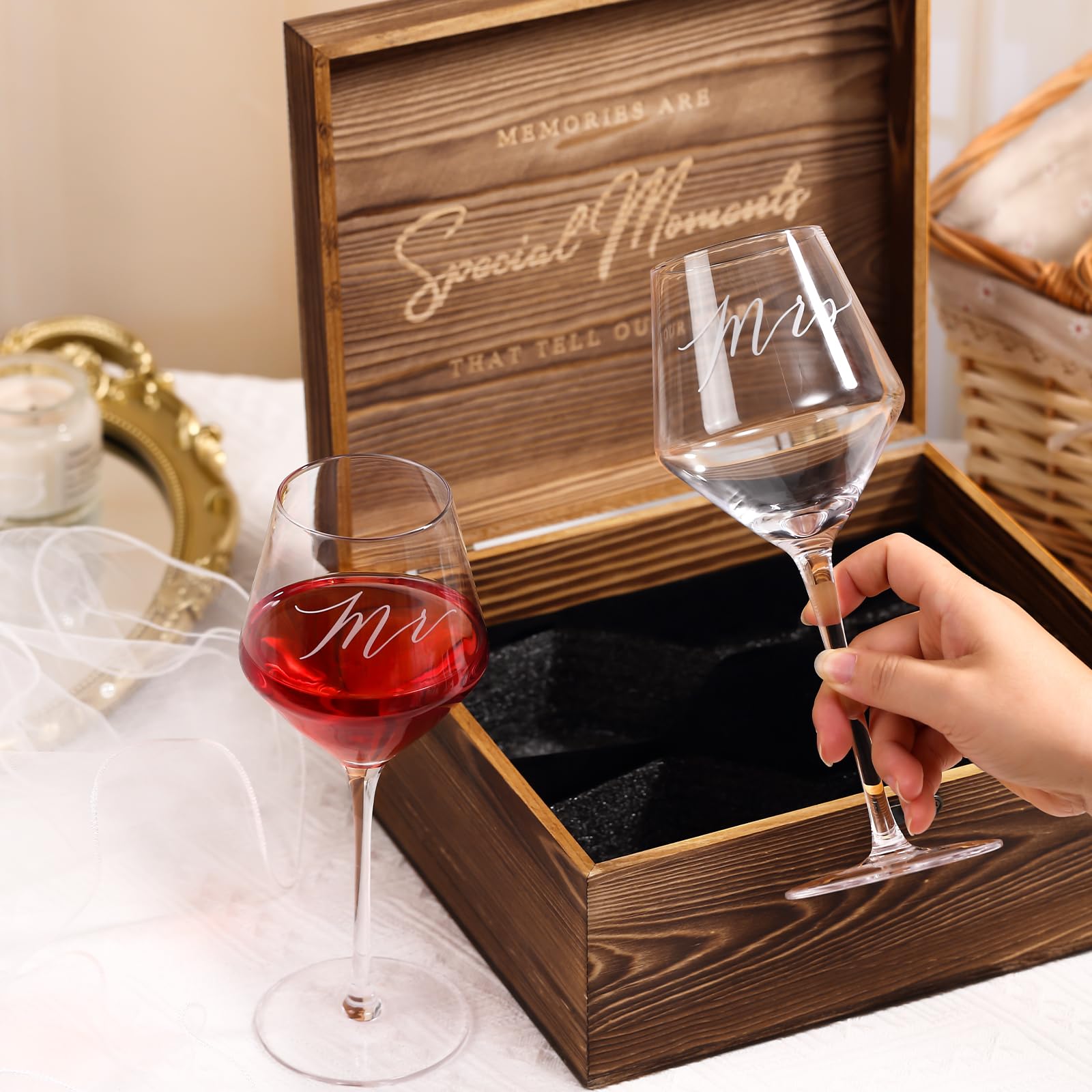 SIPBYSOP Wedding Gifts Mr and Mrs Wine Glasses, Bridal Shower Engagement Gifts for Couples,Wedding Glasses for Bride and Groom, Memory Keepsake Box, Wine Bag, Greeting Card