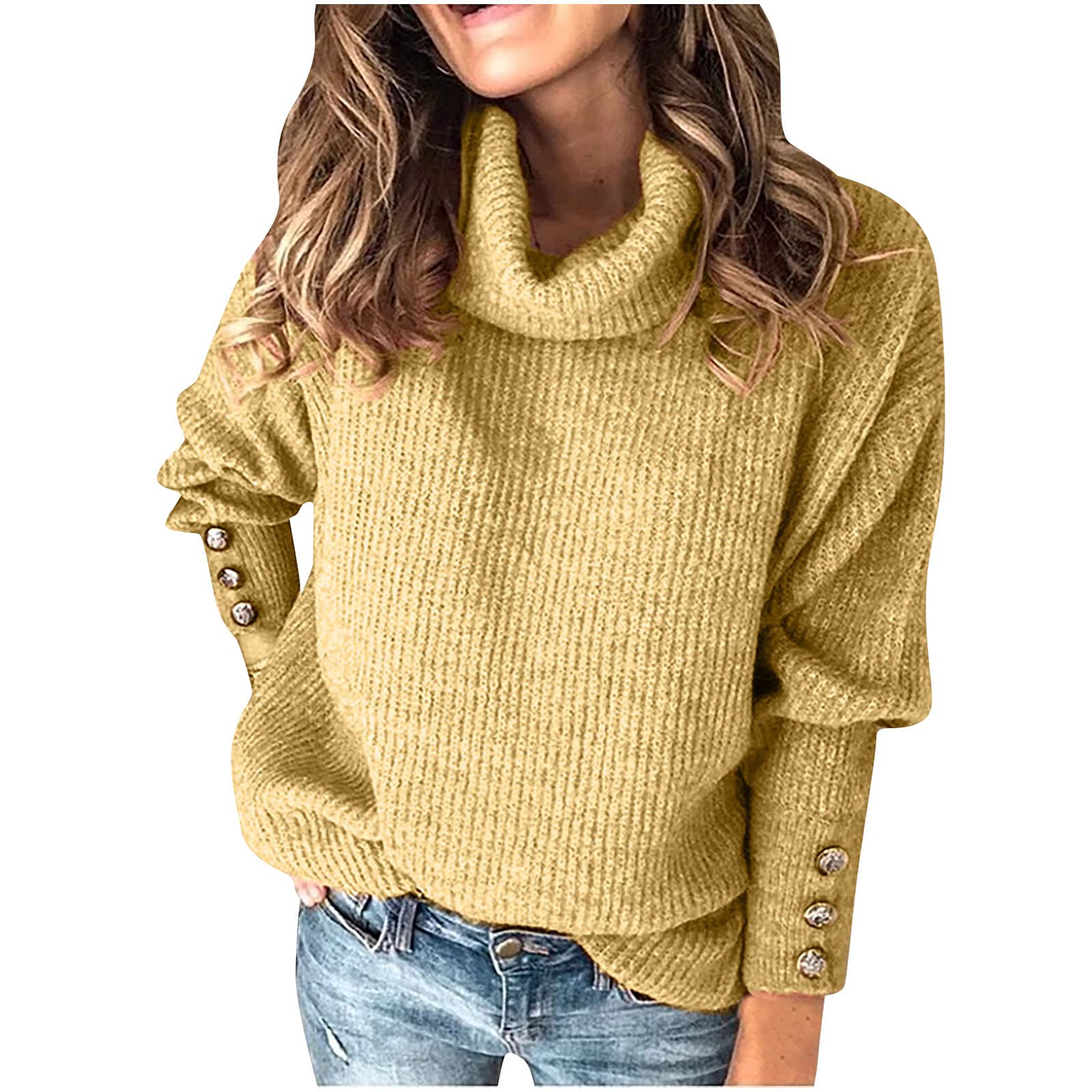 Mustard Yellow Treasure Truck Women Modest Top Long Sleeve Blouses for Women High Neck Sweater Loose Fit Thin Crochet Cable Knit Basic Fall Winter Shirts 2025 Clothing Trendy M