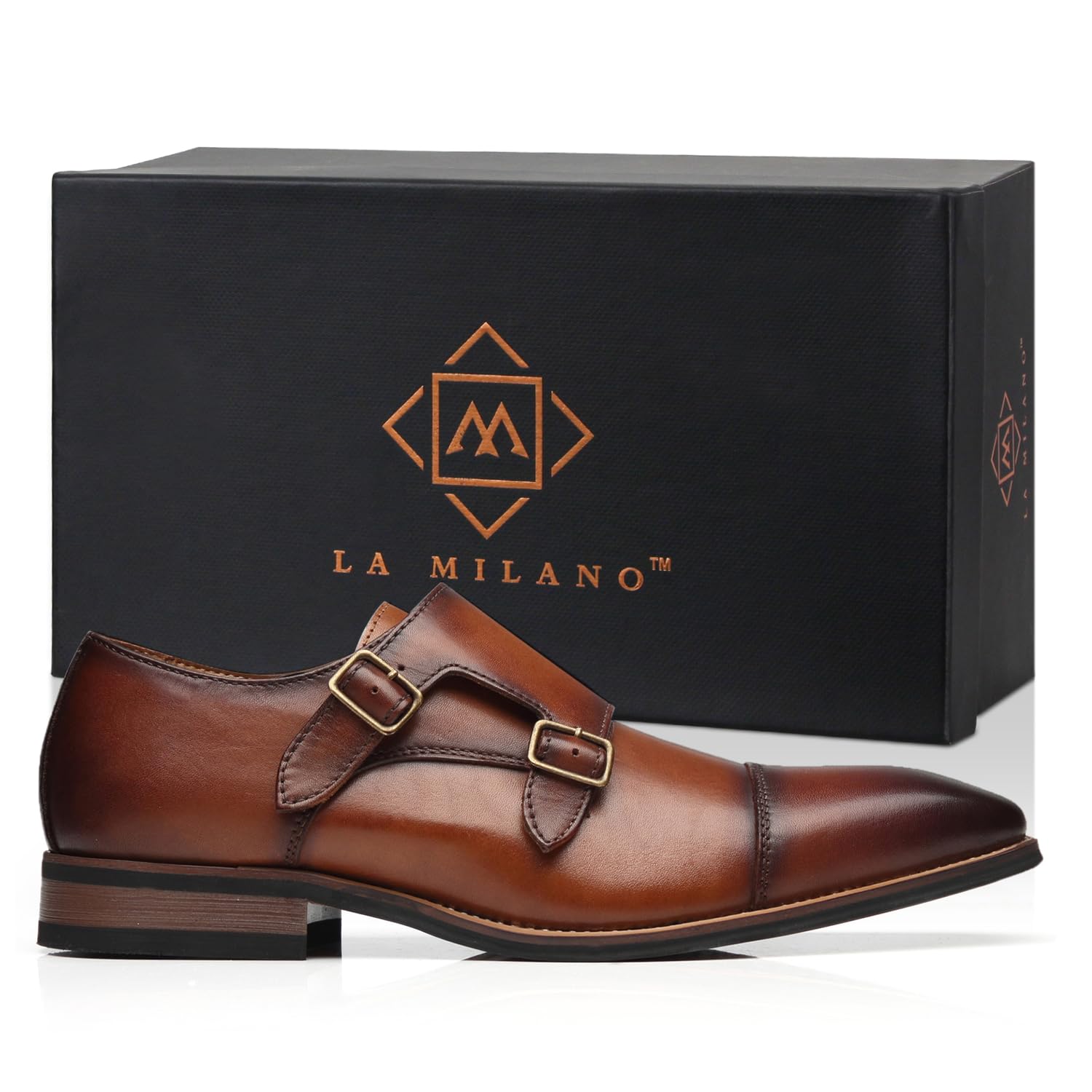 La Milano Mens Double Monk Strap Slip on Loafer Cap Toe Leather Oxford Formal Business Casual Comfortable Dress Shoes for Men Brown