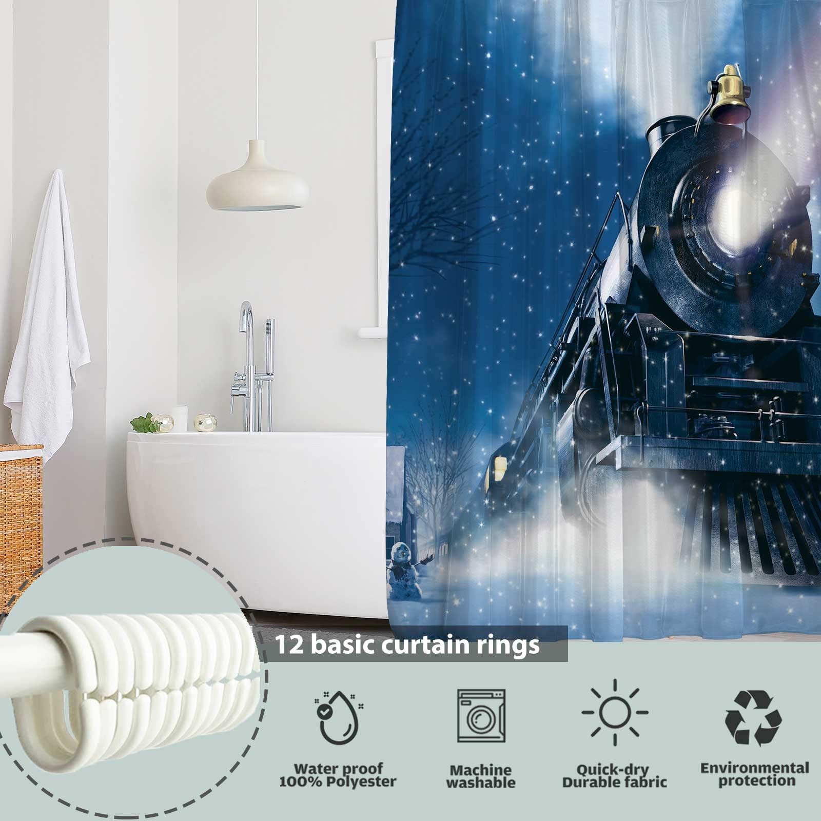 Seasonwood Winter Christmas Night Train Shower Curtain Set with 12 Hooks Wonderland Railway Polar Express Retro Bathroom Bathtubs Decor Waterproof with Washable Durable Polyester Fabric 72"x72"