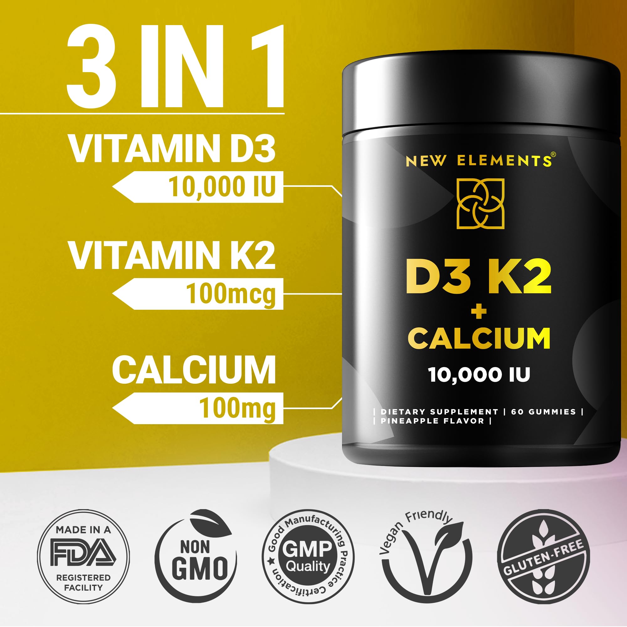 Vitamin D3 K2 Gummies 10000 IU with Calcium 100mg - VIT D3 for Adults - Mk7 Vitamin K2 100mcg - Vitamin D Supplement for Men & Women - Vegan Gluten Free Non-GMO