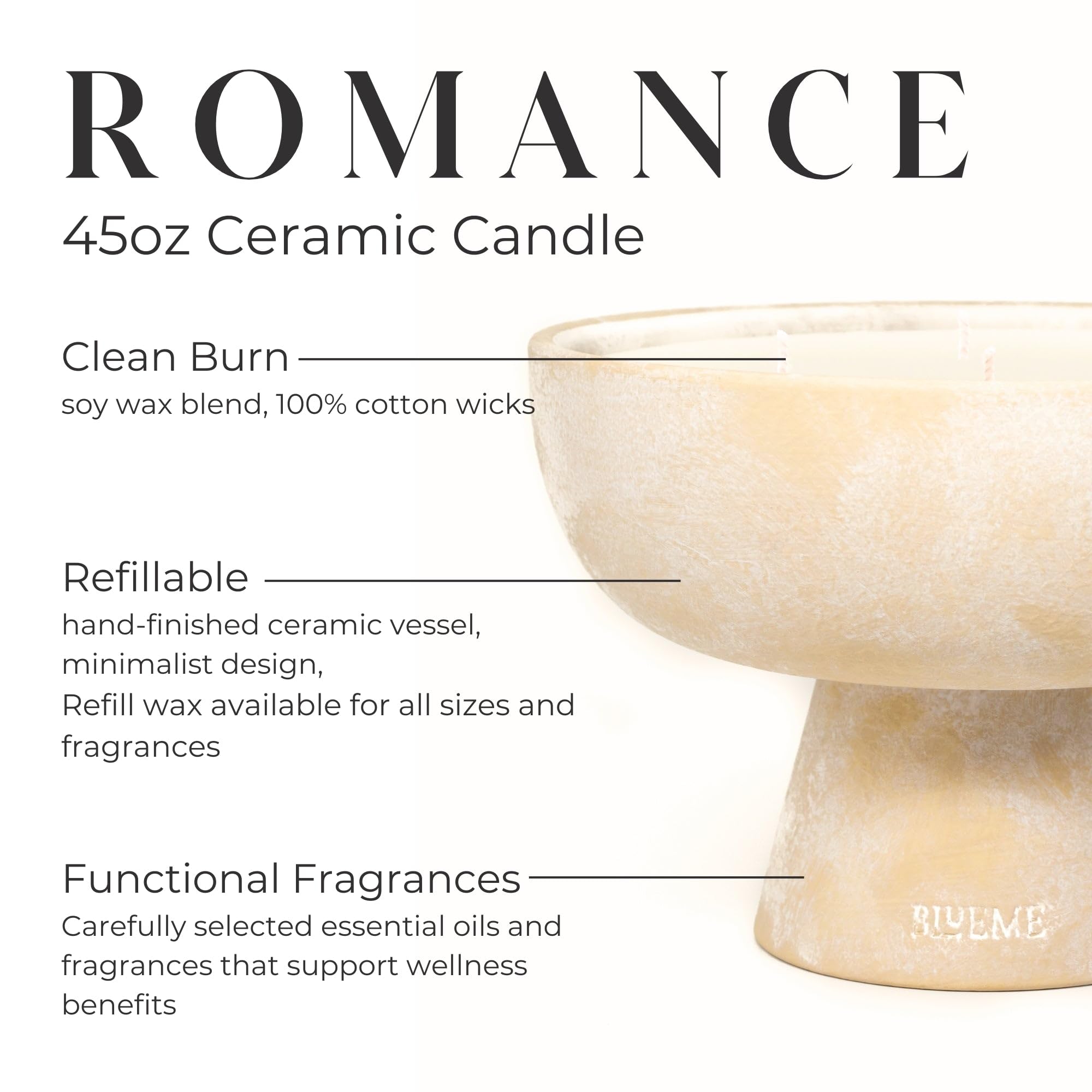 BLUEME Romance-Oakmoss & Sandalwood, 6 Wick, Refillable Wellness Candle, Contains Essential Oil, Sustainable, Hand Finished, Hand Poured, Premium, Luxury Ceramic, Natural Cotton Wick, Soy-Wax Blend