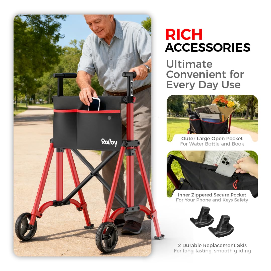 Folding Walkers for Seniors, Lightweight Narrow Travel Walker, Fully Assembled Standard Walker with 2 Wheels, Adjustable Height for Tall, Aluminum Frame Supports 400 lbs, Extra 2 Skis and Storage Bag