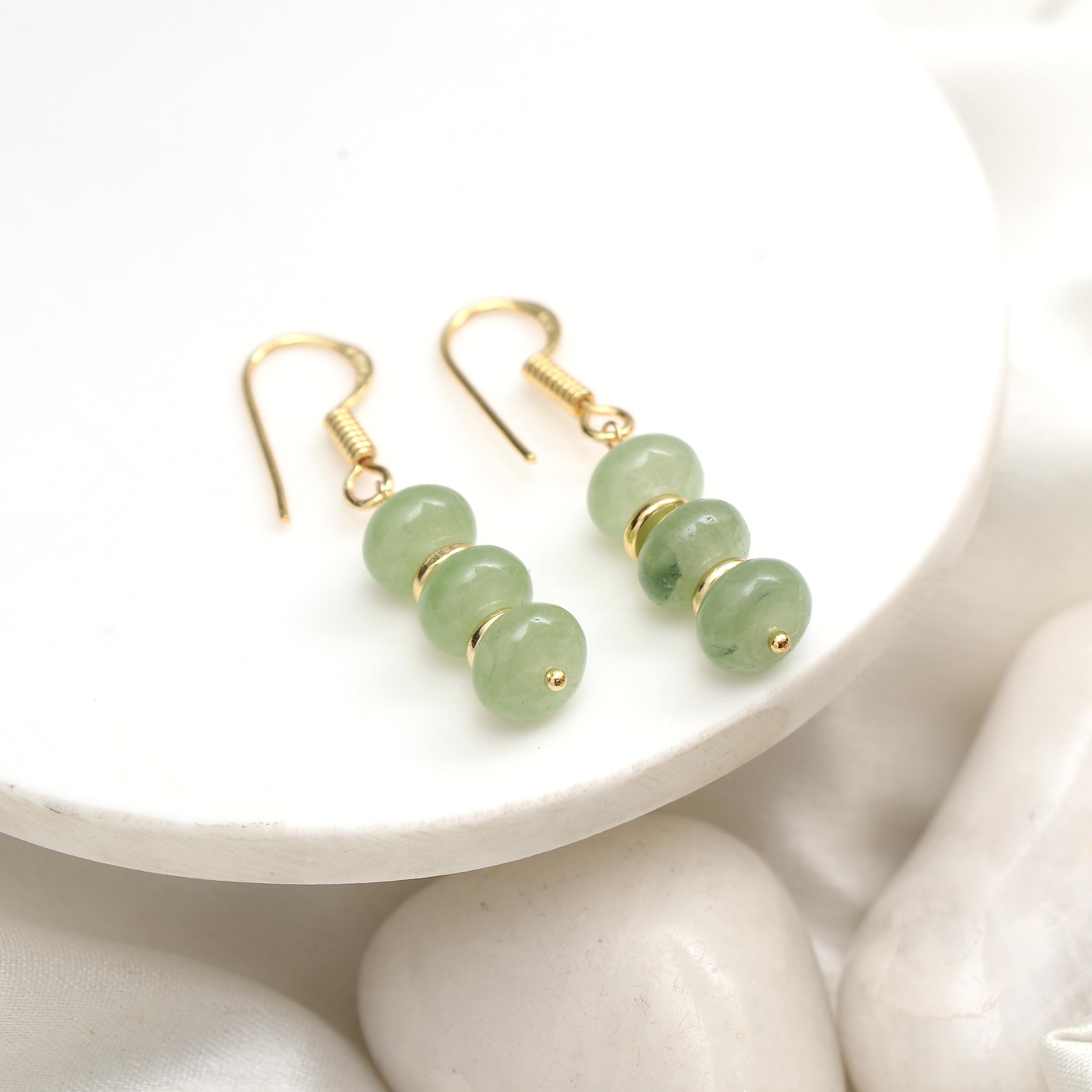 Gempires Prehnite Rondelle Beads Earrings, Dangling Earrings, Light Green Crystals,14k Gold Plated Hook Earrings, Handmade Earrings for Women, Western Jewelry (Quartz)