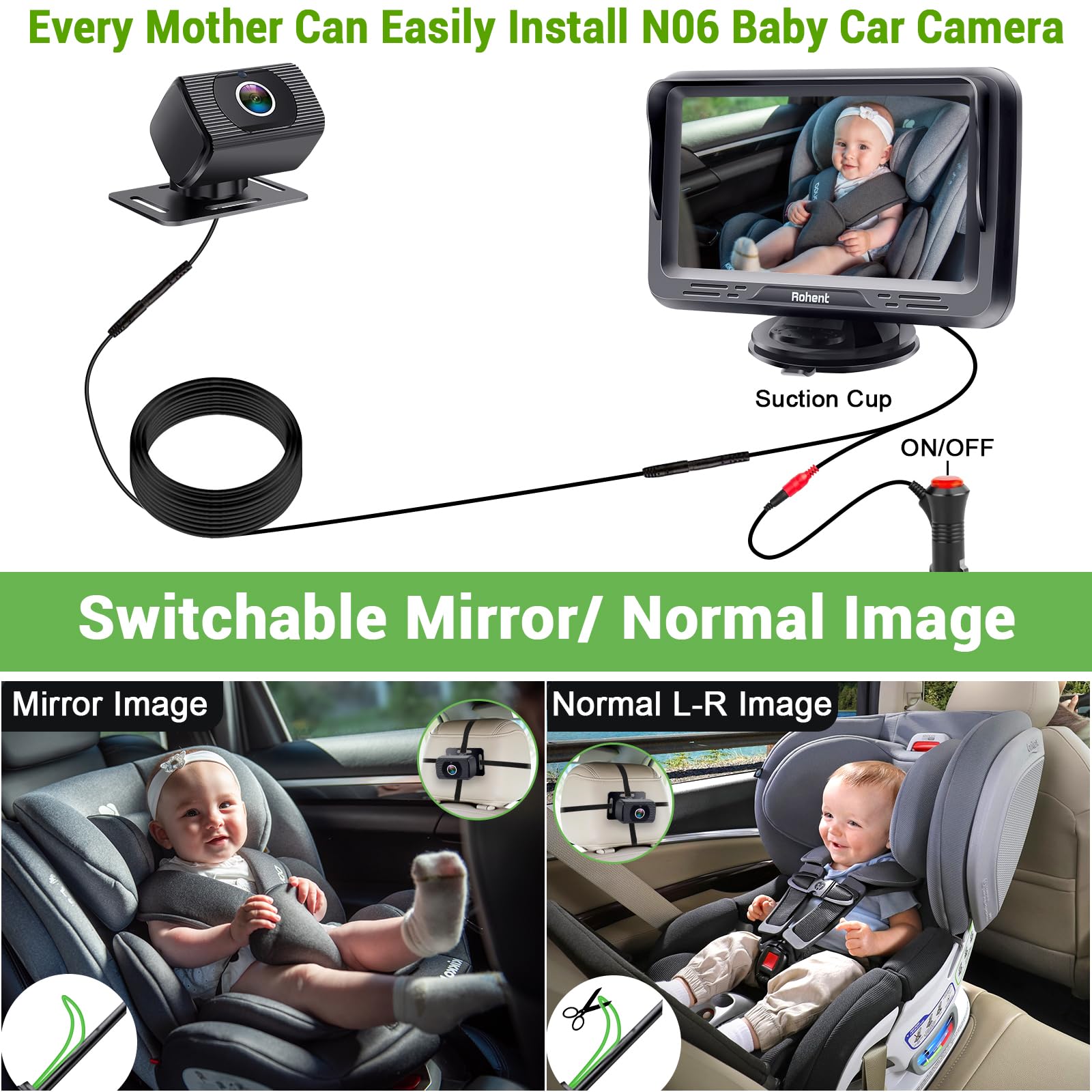 Baby Car Camera Easy Install: HD 1080P Eye Protection Clear Night Vision - Rear Facing Stability Backseat Camera with Monitor for Car Seat Travel 360° Rotation N06