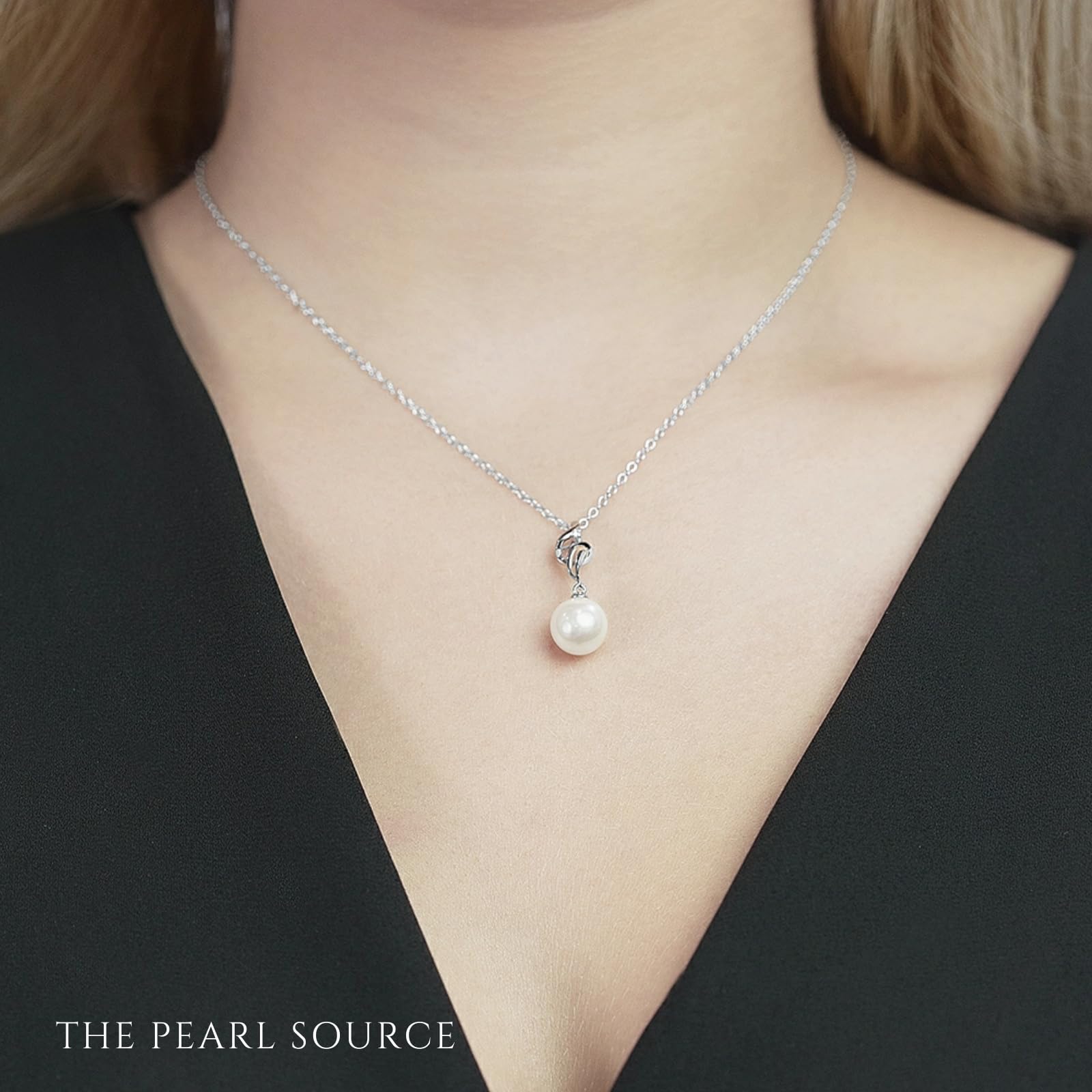 The Pearl Source 14K Gold 9.5-10mm AAA Quality Round White Akoya Cultured Pearl & Diamond Aria Pendant Necklace for Women