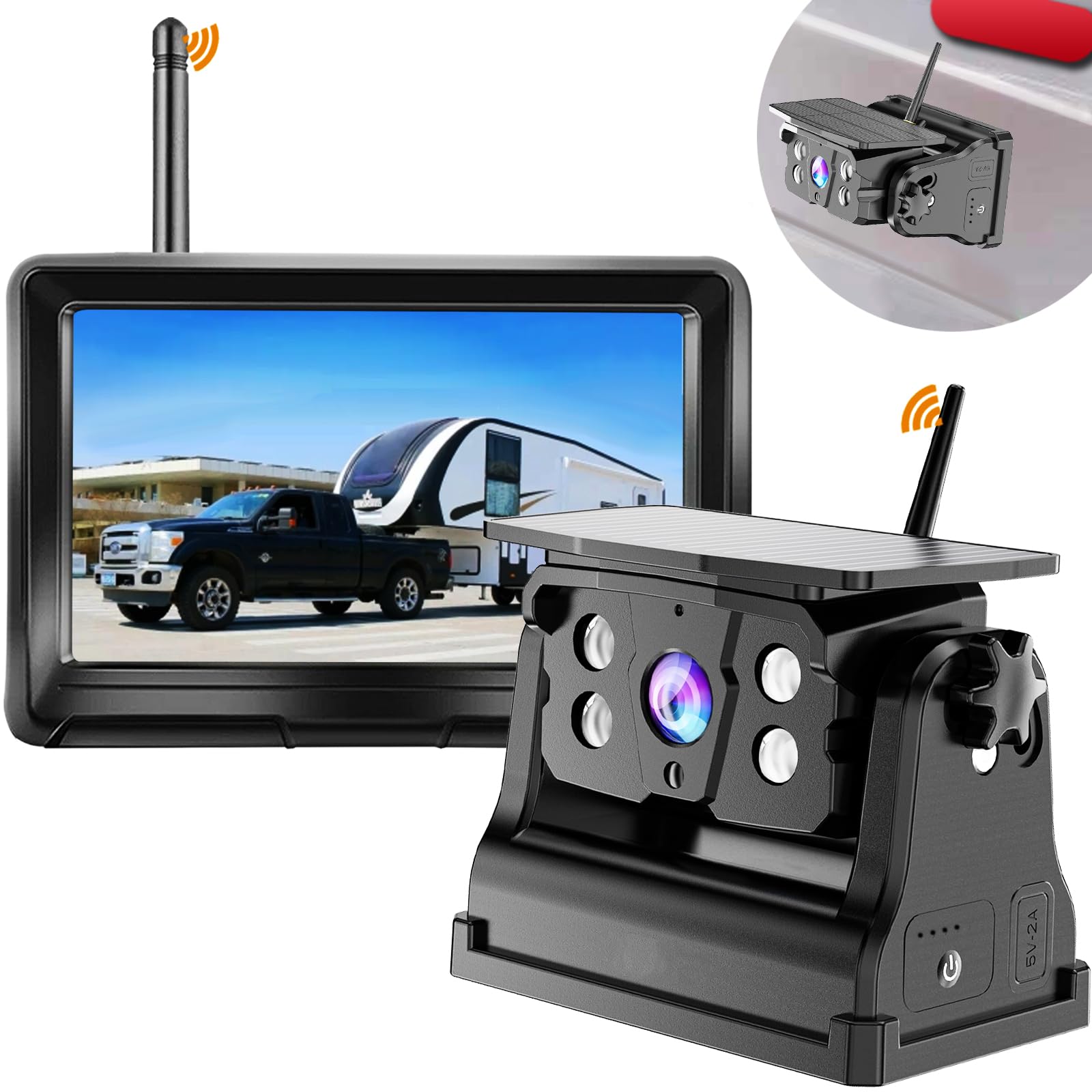 Wireless Backup Camera Solar Magnetic for Car RV Trailer Truck Camper 5th Wheels Hitch Towing No Wiring No Drilling Rechargeable Night Vision Portable Backup Camera with 5" 1080P HD 2-Split Monitor