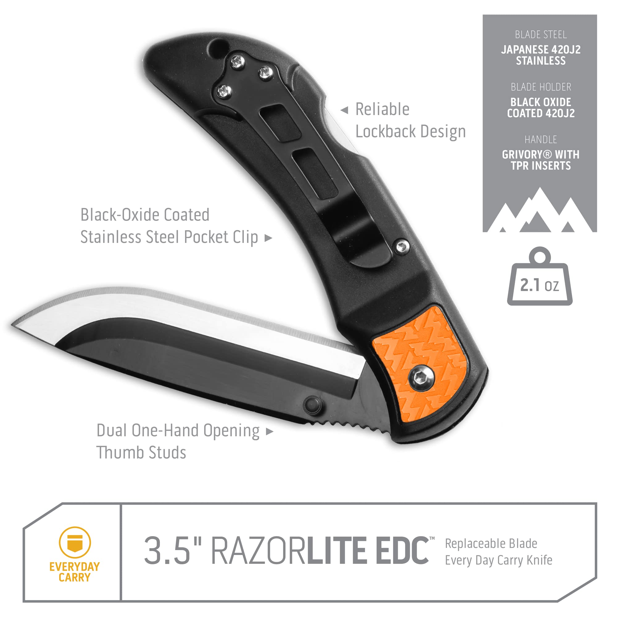 OUTDOOR EDGE 3.5" RazorLite EDC Knife. Pocket Knife with Replaceable Blades and Clip. The Perfect Hunting Knife for Skinning Deer. Blaze Orange with 6 Blades