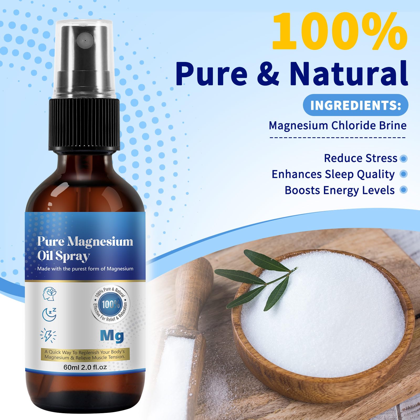 Magnesium Oil for Feet (2 fl oz), Pure Magnesium Oil Spray, Topical Magnesium Spray Glass Bottle, Nourish The Skin, Unclog Pores, Easy to Use
