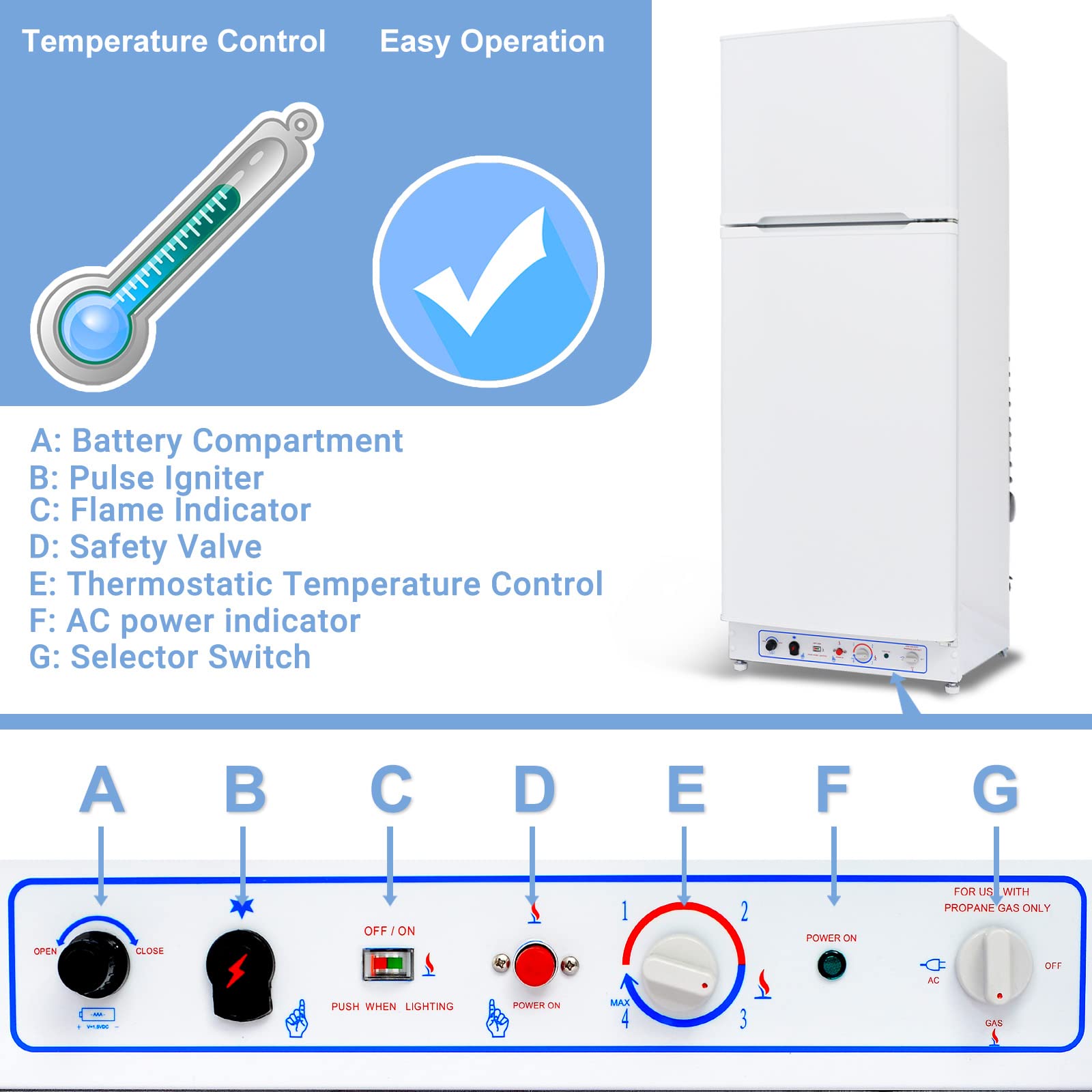Smad 110V/LPG Propane Refrigerator with Freezer, 9.3 Cu.Ft RV Propane Refrigerator Off Grid, Large Capacity Gas Fridge for Camper, Cabin, Home, White