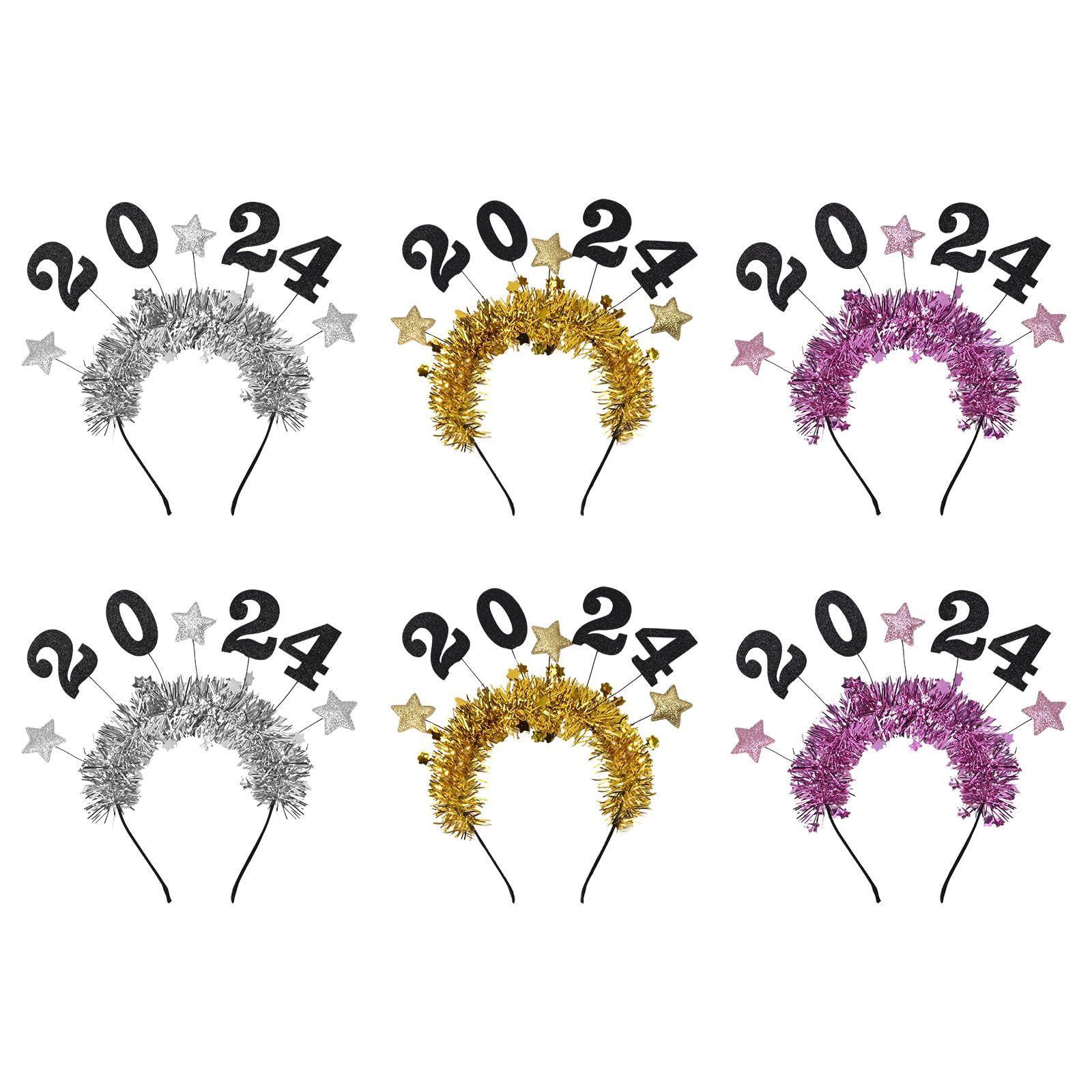 6Pcs Happy New Year Star Headband, 2024 New Year Headband, Glitter Star Sequins Headband, Star Tinsel Hairband, Glitter Hair Hoops, Tiara for 2024 New Years Eve Christmas