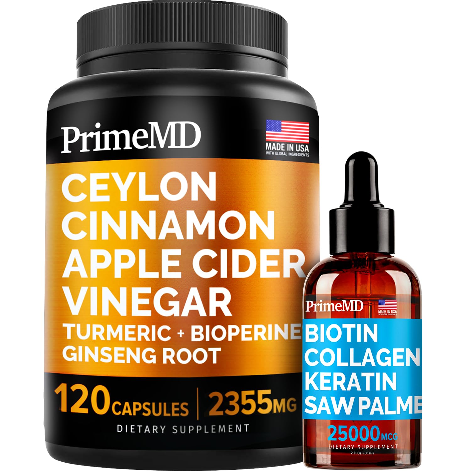 4-in-1 Liquid Biotin Collagen Keratin Saw Palmetto Drops (2 fl oz - 1 Pack) & 5-in-1 Ceylon Cinnamon w Turmeric & Ginseng Root (120ct) Bundle - Hair, Skin, Nails, & Immune Support Supplement