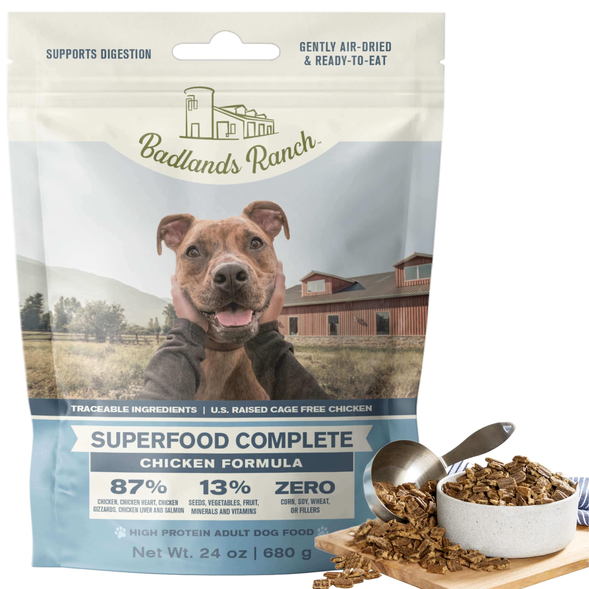 BADLANDS RANCH - Superfood Complete, Air-Dried Adult Dog Food - High Protein, Zero Fillers, Superfood Nutrition by Katherine Heigl (24 oz., Premium Chicken)