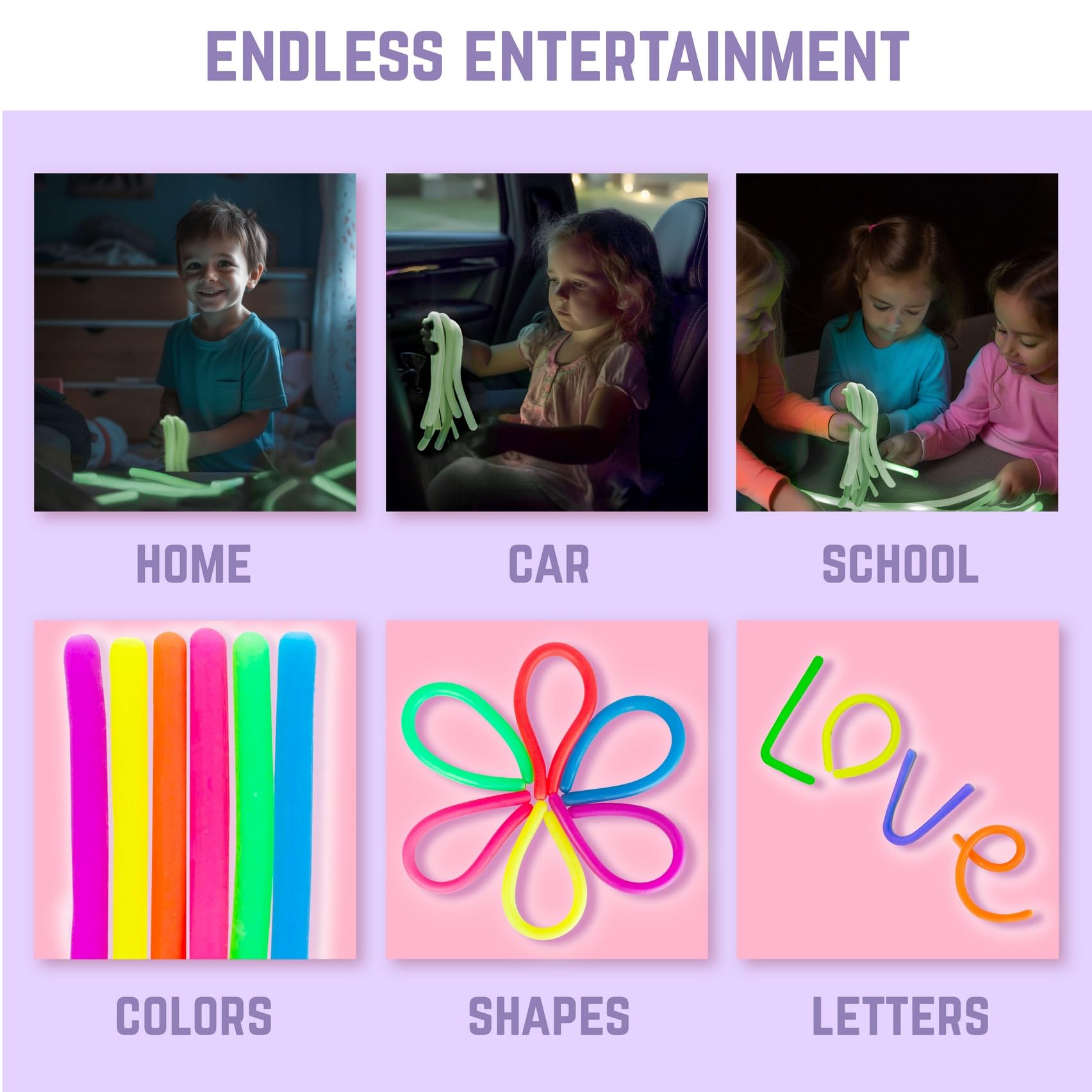 BunMo Bundles: Glow in The Dark & Glitter Stretchy Strings - Perfect Sensory Toys - Calming Sensory Toy - Fun Monkey Stretch Noodles - Stimulating & Soothing Fidget Toy