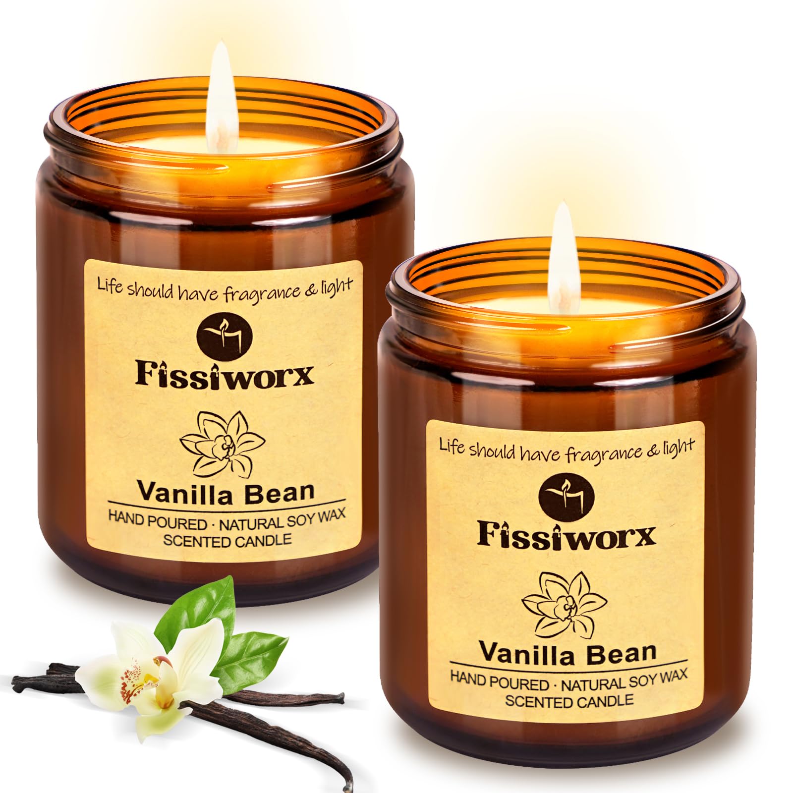 Fissiworx Vanilla Scented Candle Set 2 Pack, Candle for Home Scented, Odor Eliminating, Stress Relief, 15oz, 110 Hours Long Lasting Candles, Candles Soy Candle Gift Set for Women