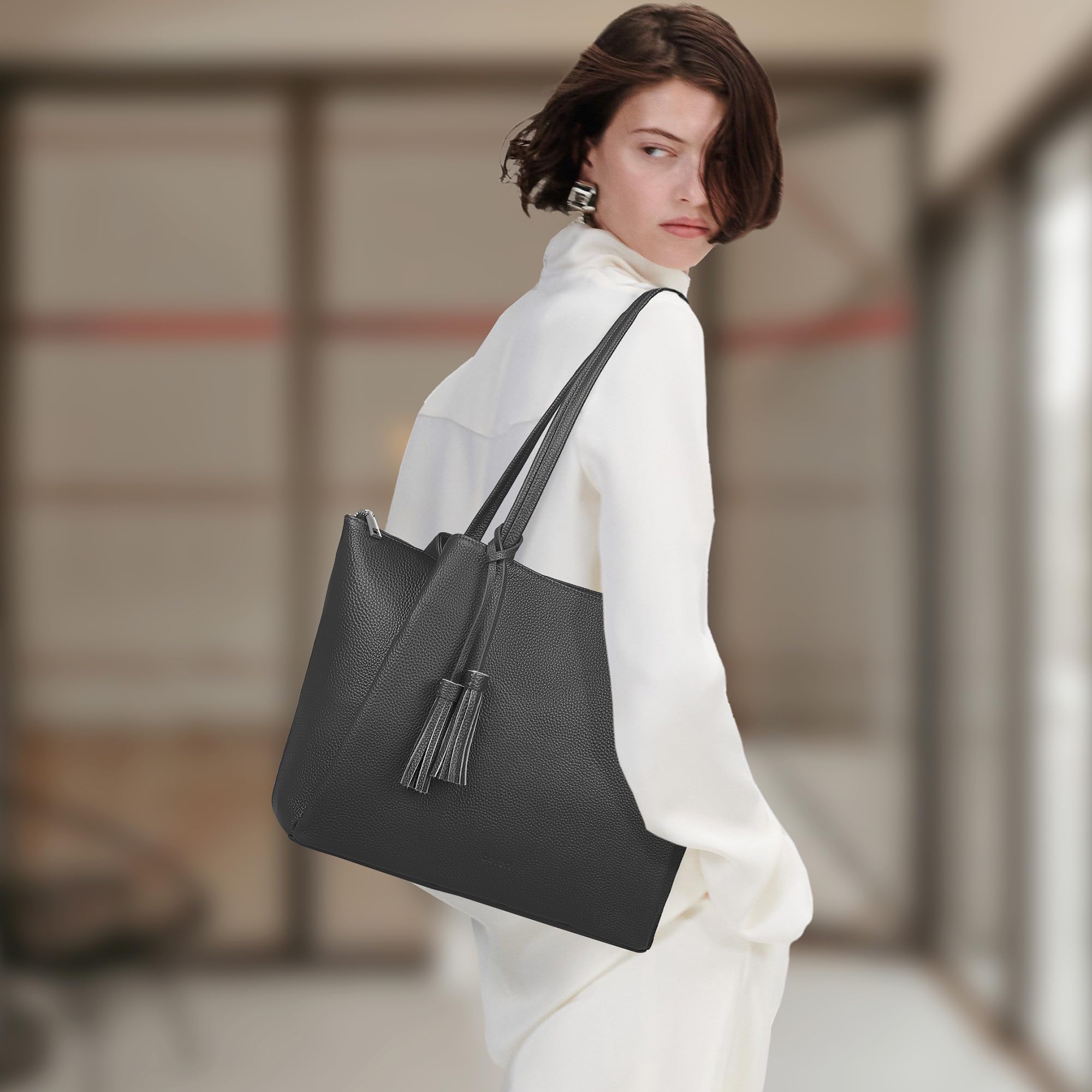 befen Black Genuine Leather Tote Bag for Women Work, Womens Tote Bags Shoulder Purses Totes with Compartments Handbags for Office Travel Casual