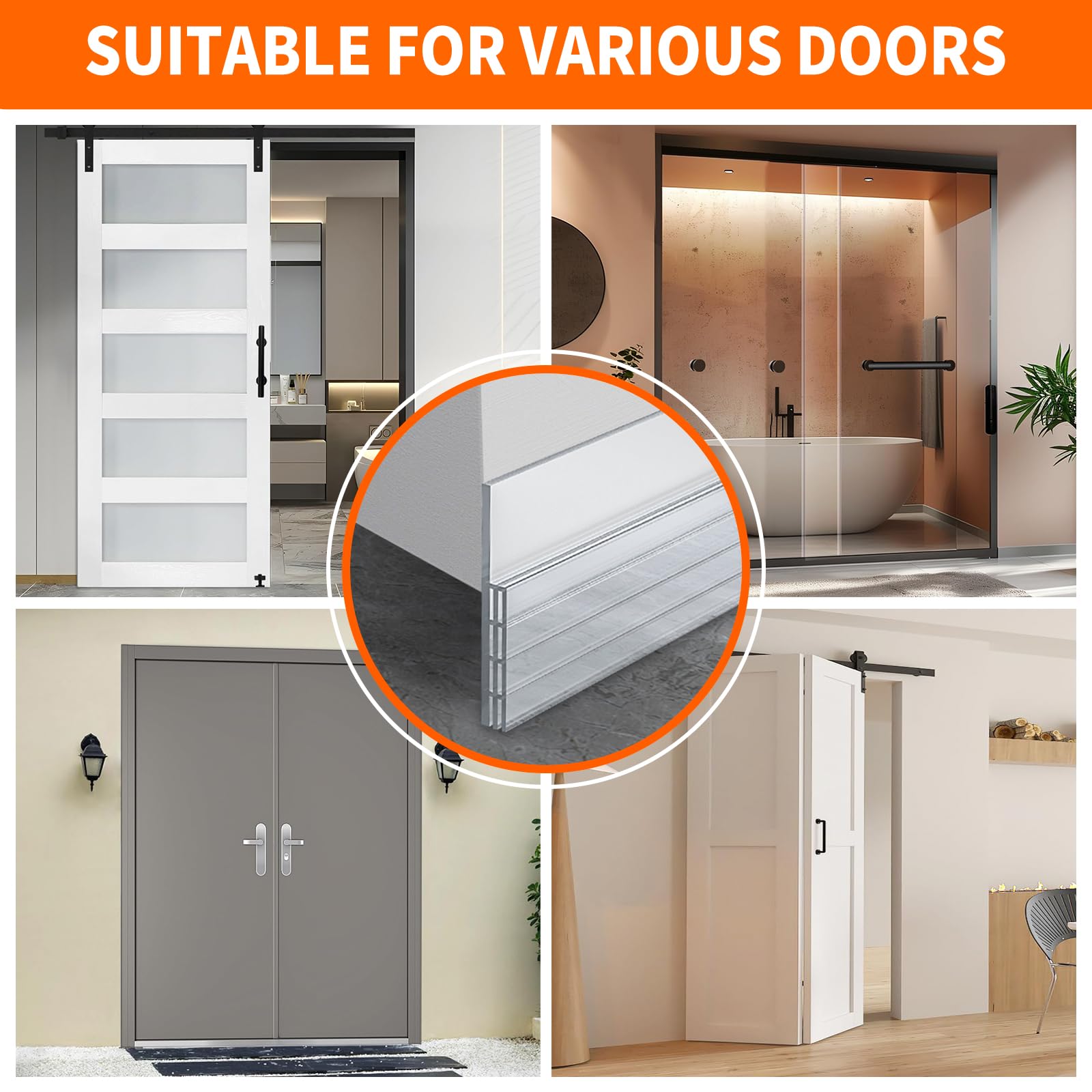 Silicone Door Draft Stopper, Phixbear Transparent Weather Stripping Door Seal, Exterior Door Draft Stopper Heavy Duty Adhesive, Suitable for Windproof, Warmth and Sound Insulation Under Doors 2" x 39"