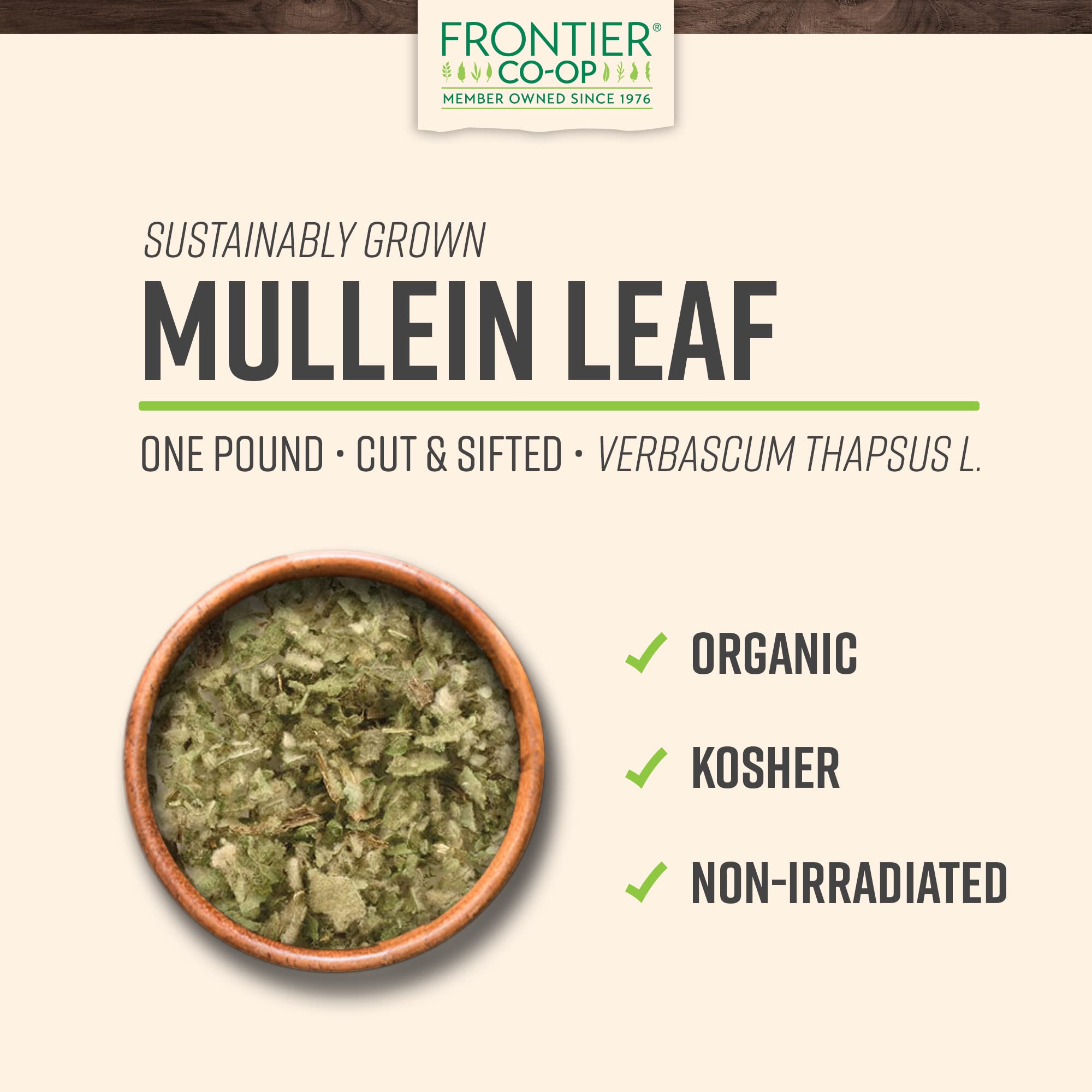 Frontier Co-op Organic Mullein Leaf, 1lb Bulk Bag, Cut & Sifted, Dried Mullein Leaves, Ideal for Mullein Tea, Mullein Leaf Extract & Capsules