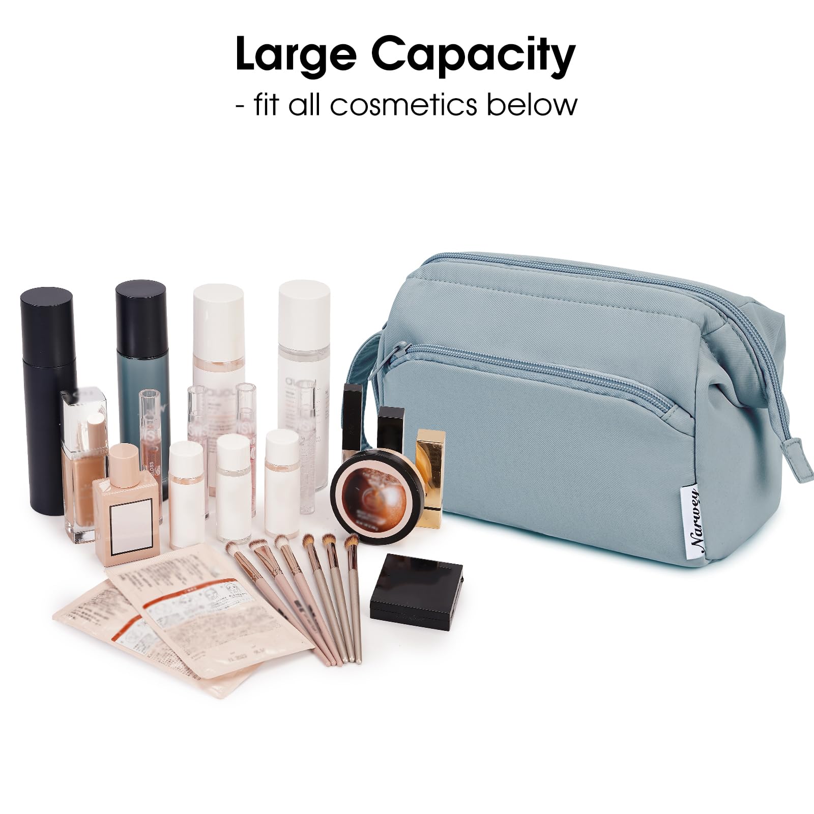 Narwey Large Makeup Bag Women Wide-open Make up Bag Travel Cosmetic Bag Organizer Toiletry Bag for Cosmetics Toiletries Accessories (Greyish Blue)