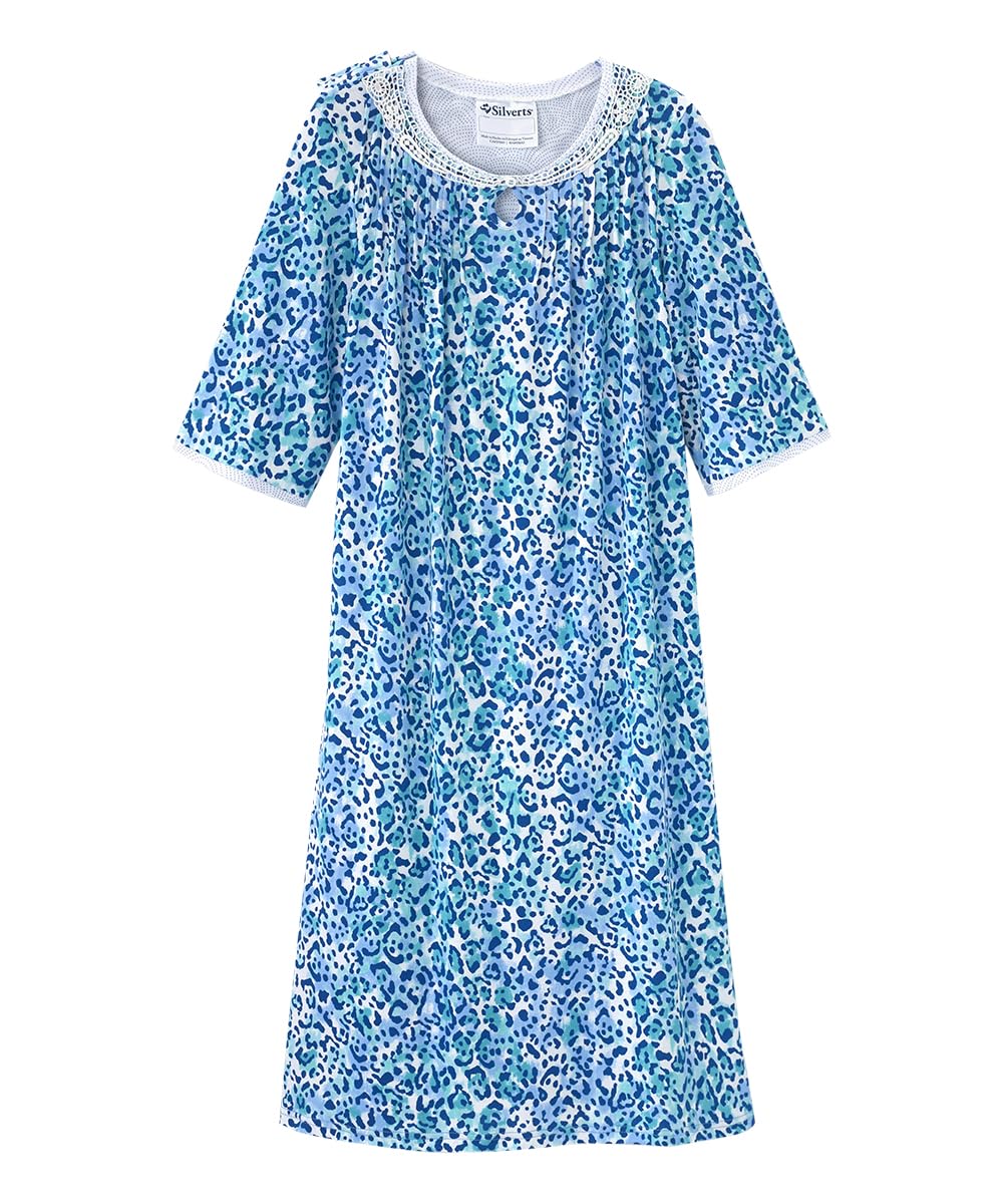 Silverts Hospital Gowns for Women Open Back, Night Gowns for Elderly Women, Adaptive Clothing for Seniors, Elderly Nightgowns, Dementia Clothing - Blue Jaguar LGE