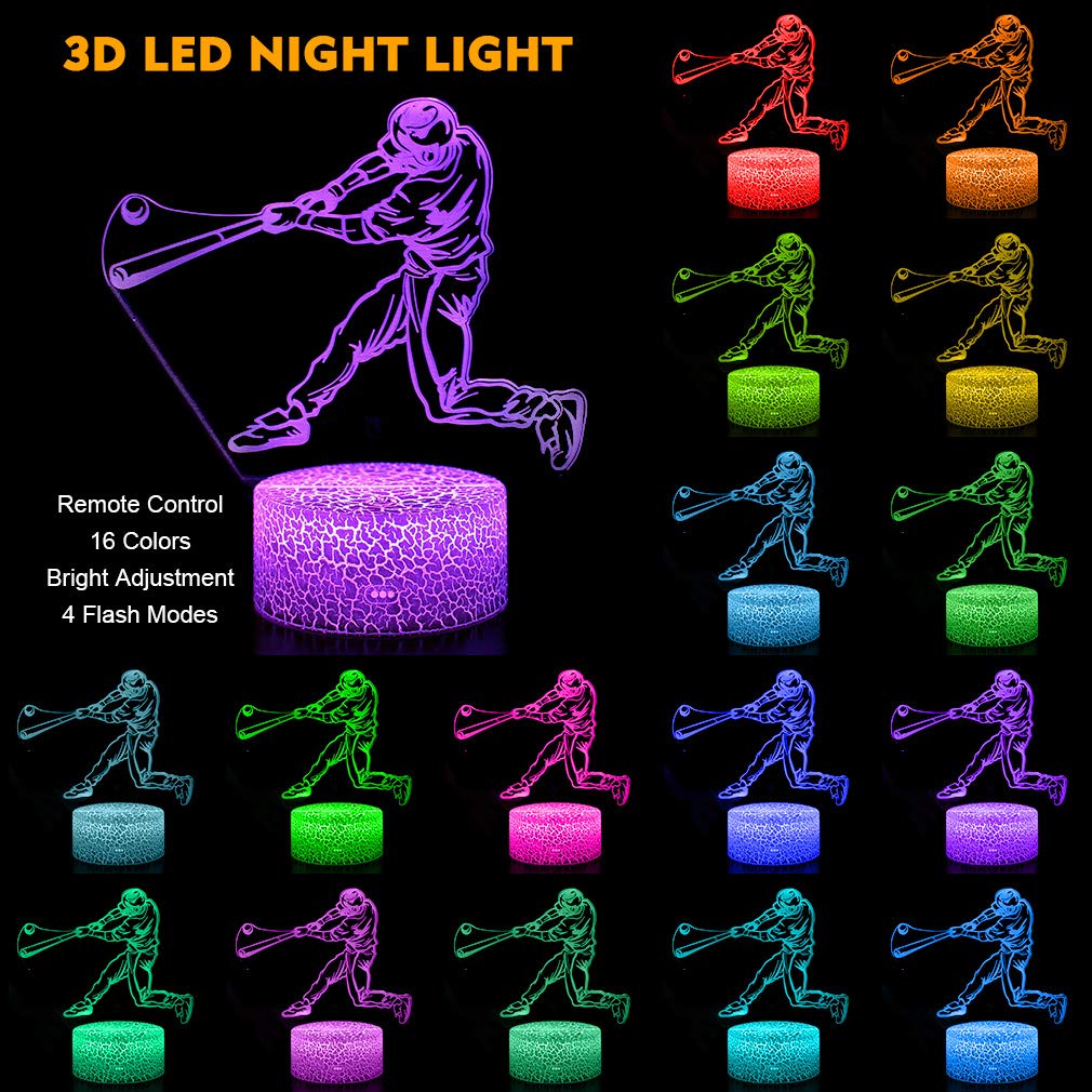 SEVEN LADY Baseball Man 3D Lamp Night Light with Remote & Touch Control,Multiple Colour Brightness Adjusted Batteries Powered Gifts for Boys Girls (Baseball Man-2)