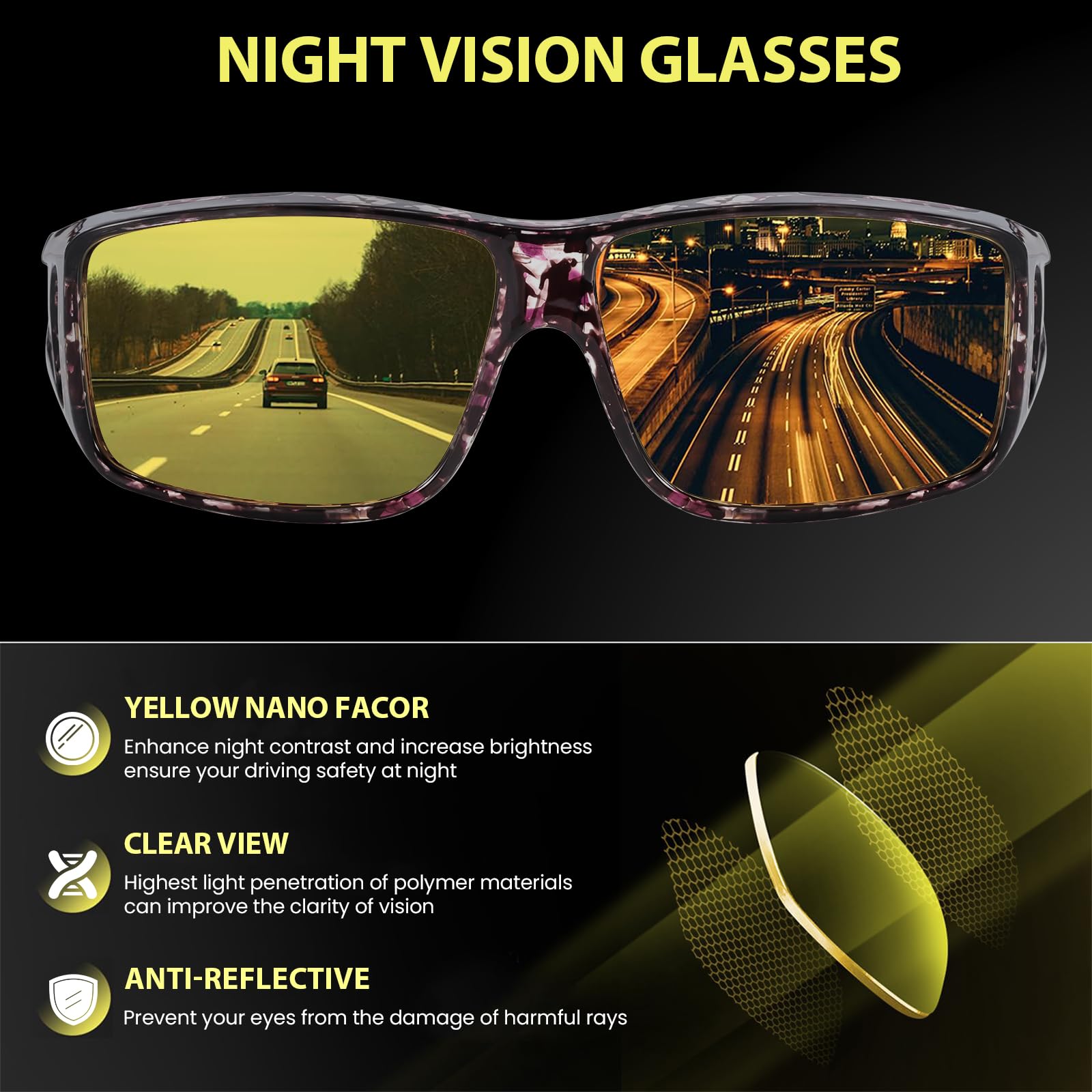 TJUTR Night Vision Driving Glasses Fit Over Glasses for Men Women, Anti Glare Polarized Nighttime Eyeglasses Yellow Lens