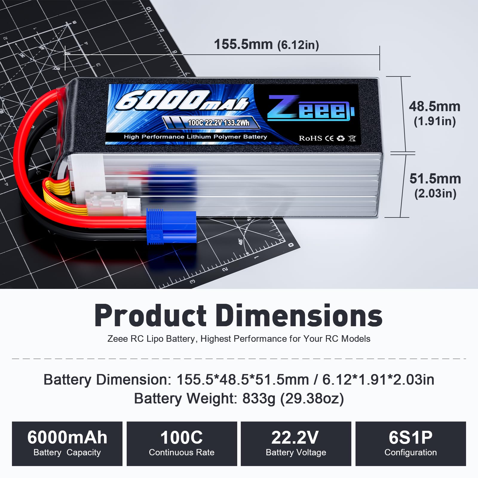 Zeee 22.2V 100C 6000mAh 6S Lipo Battery with EC5 Connector RC Battery for RC Car Truck RC Airplane Helicopter Quadcopter Boat